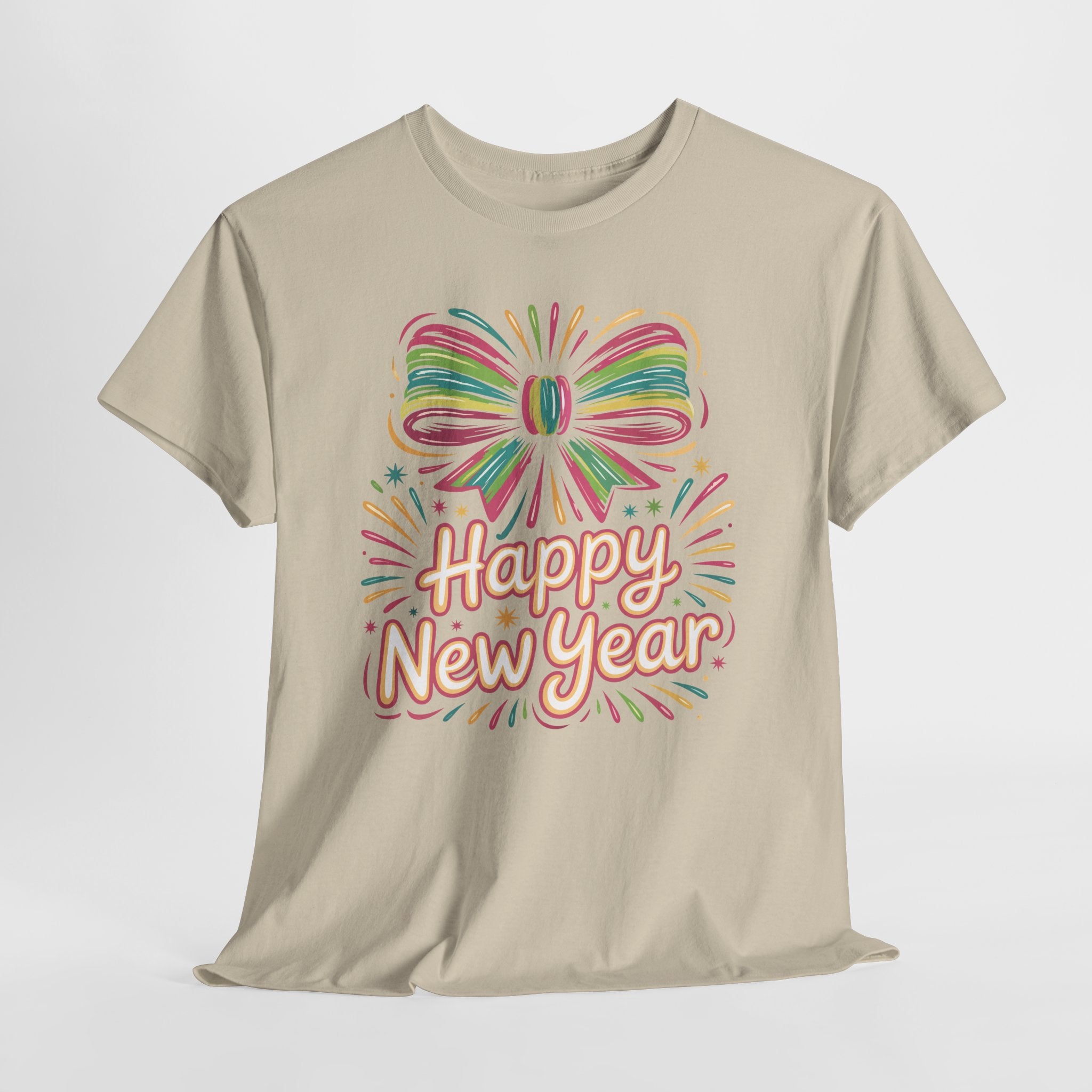 Happy New Year Pastel Tee — Rainbow Bow & Fireworks Celebration Unisex Cotton Tshirt