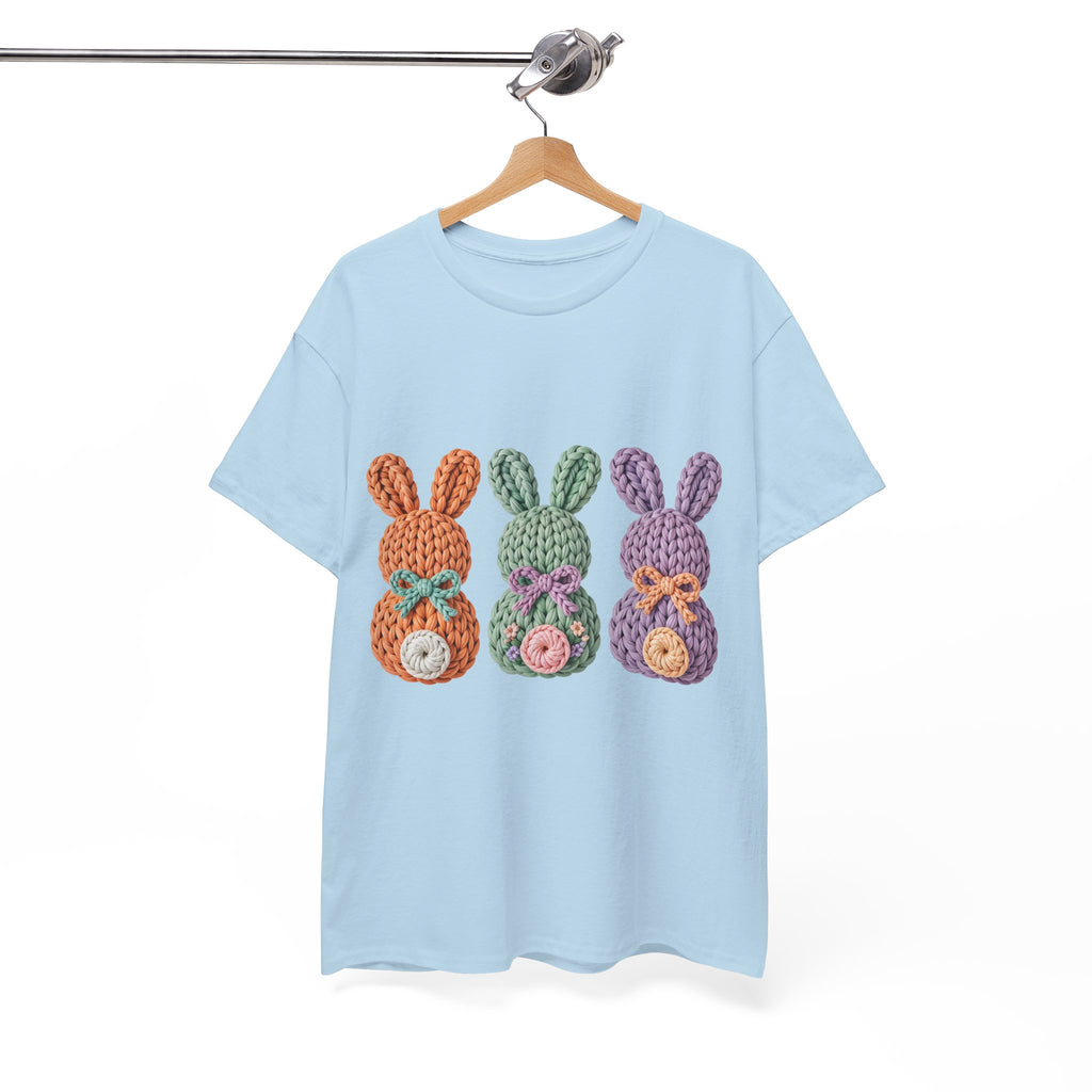 Pastel Crochet Bunny Tee — Trio of Faux Knit Bunnies with Bows & Flowers Unisex Cotton Tee