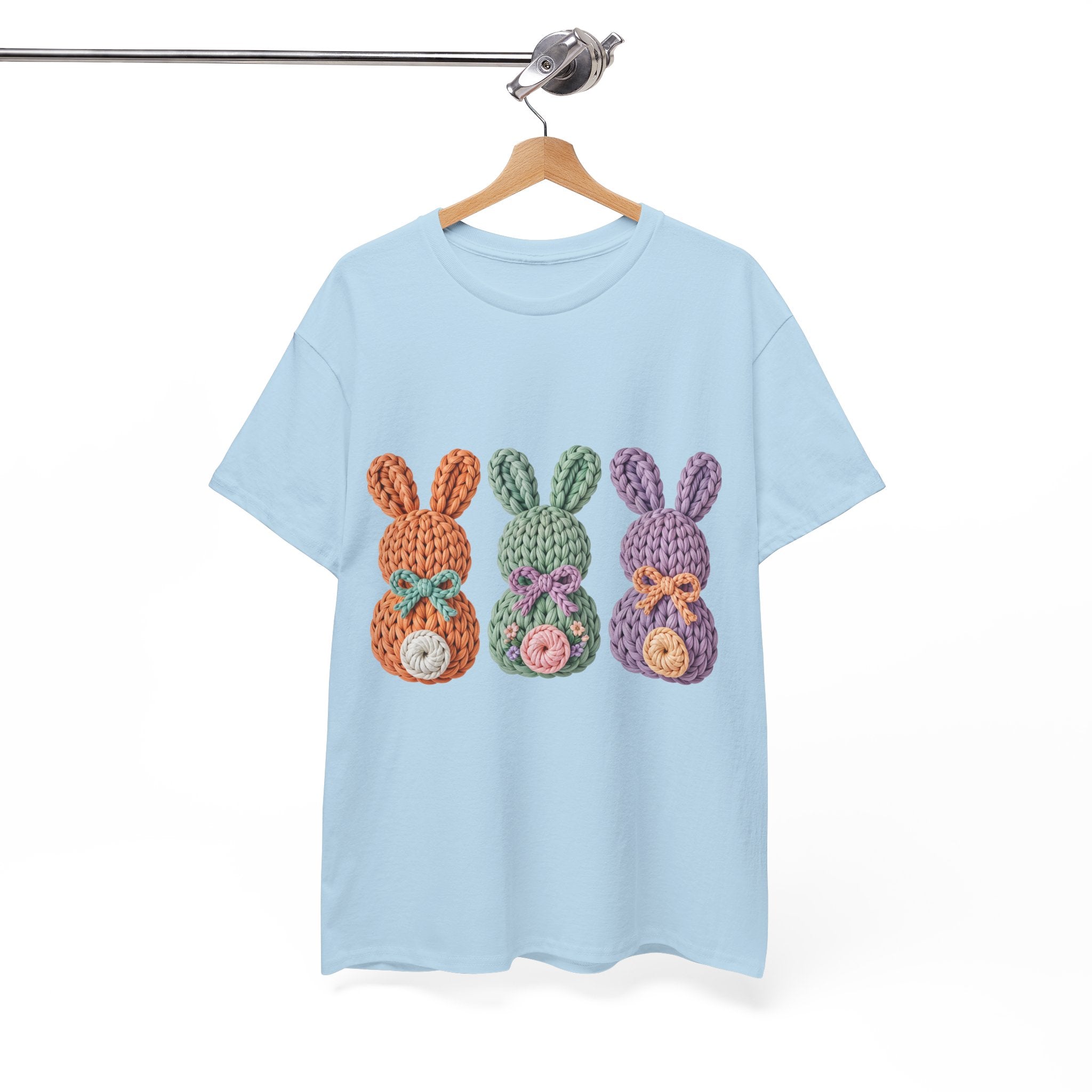 Pastel Crochet Bunny Tee — Trio of Faux Knit Bunnies with Bows & Flowers Unisex Cotton Tee