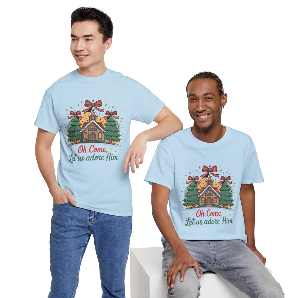 Oh Come Let Us Adore Him Christmas Tee — Church & Trees Holiday Unisex Cotton Tshirt