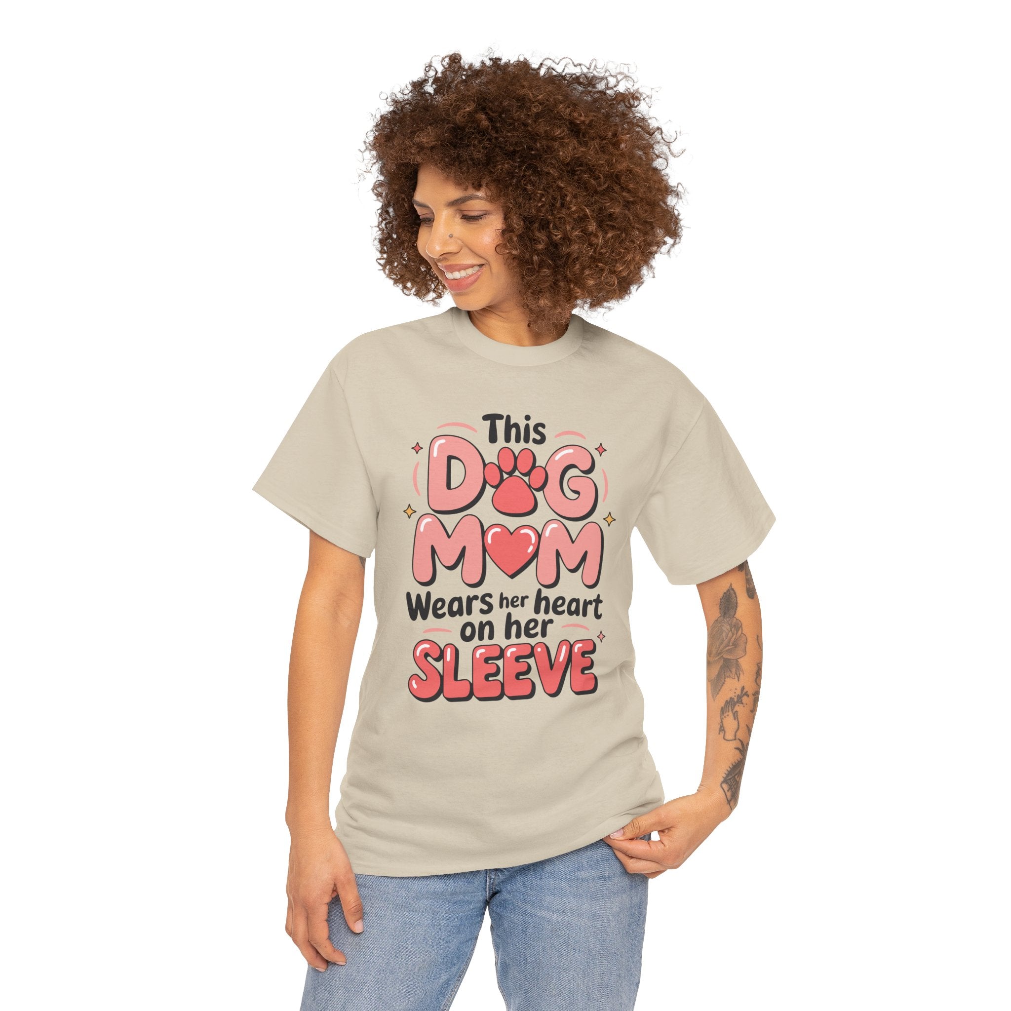 Dog Mom T-Shirt — "This Dog Mom Wears Her Heart on Her Sleeve" Paw & Heart Unisex Cotton Tee