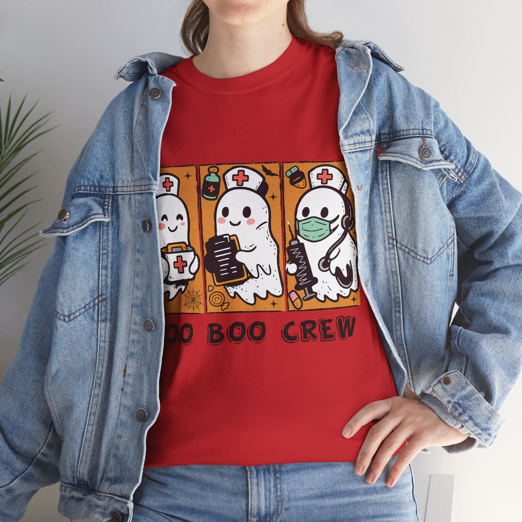 Halloween Nurse T-Shirt — Ghost Nurses Holding Medical Tools on Orange Unisec Cotton Tee