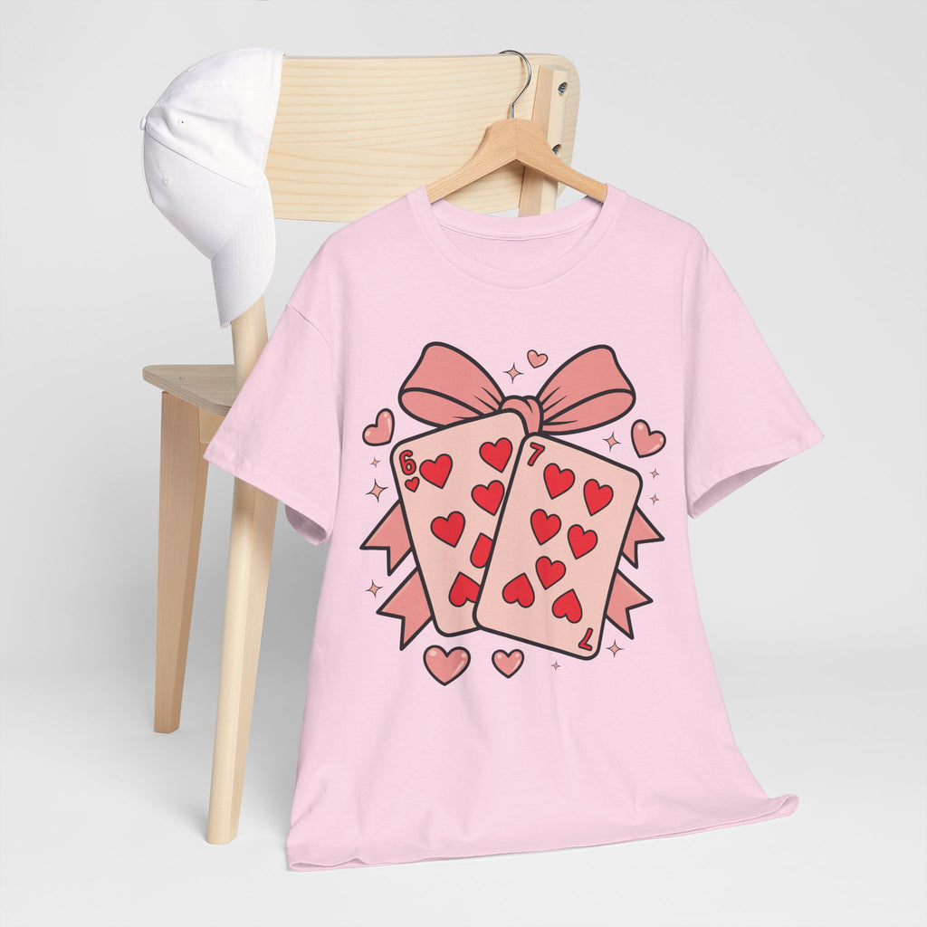 6 & 7 of Hearts T-Shirt — Paired Playing Cards with Pink Bow Unisex Cotton Tee