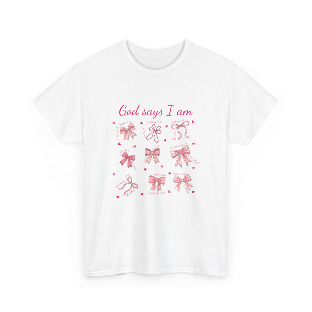 God Says I Am Christian Tee — Pink Affirmation T-Shirt with Bible Verse Bows.Unisex Cotton Tee