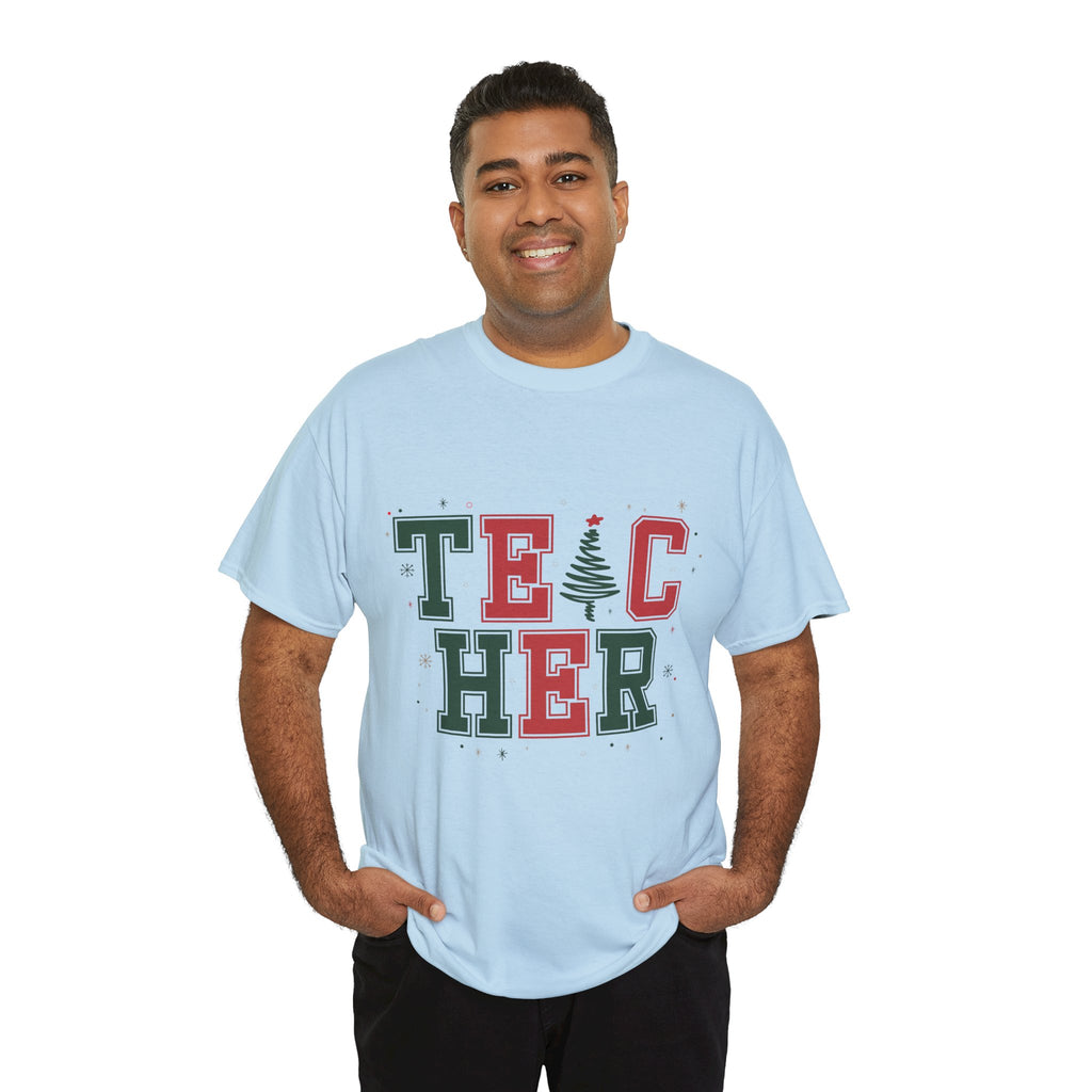 Teacher Christmas Varsity T-Shirt — Red & Green Holiday Unisex Cotton Tee