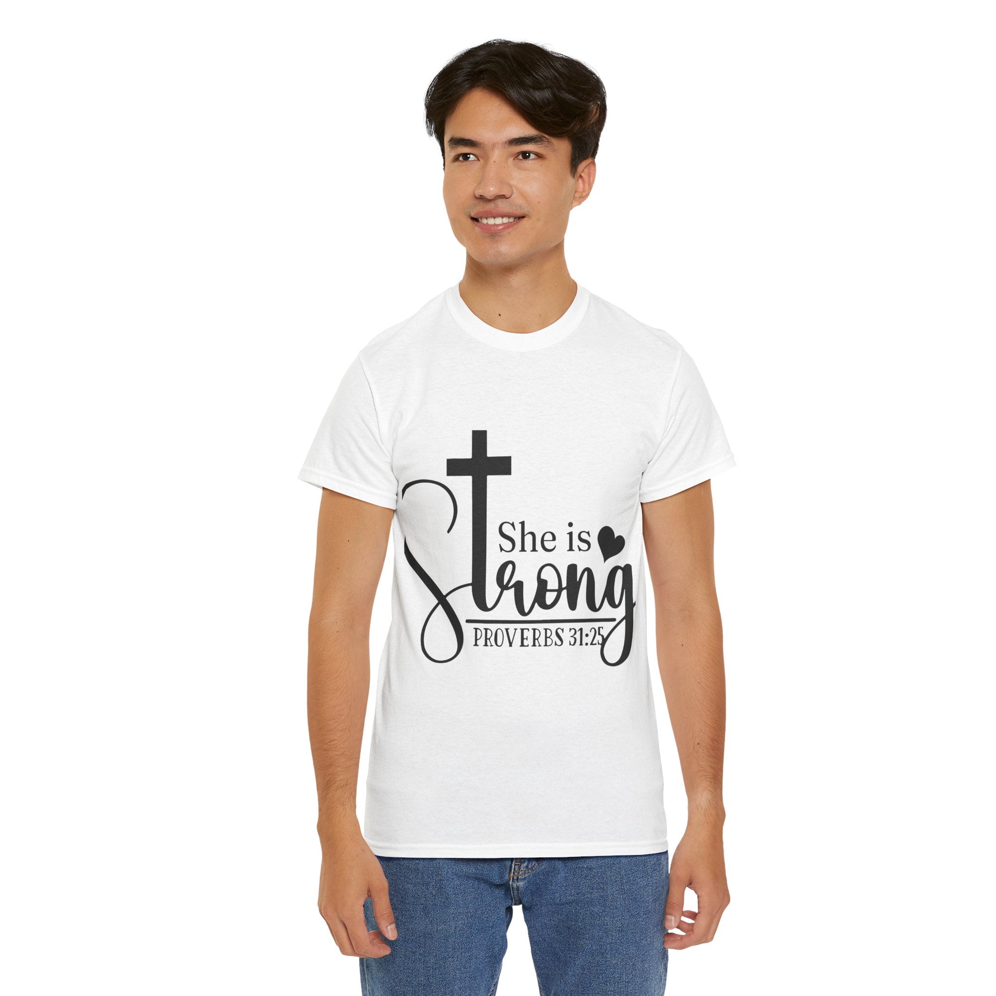 Proverbs 31:25 'She is Strong' T-Shirt – Christian Cross & Heart Unisex Cotton Tee