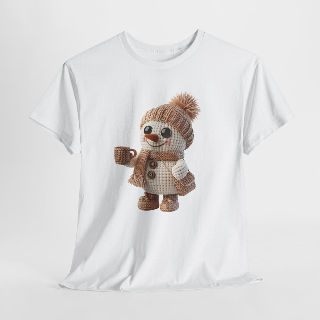 Cozy Snowman Tee — Smiling Snowman with Mug, Scarf & Beanie. Unisex Cotton Tee