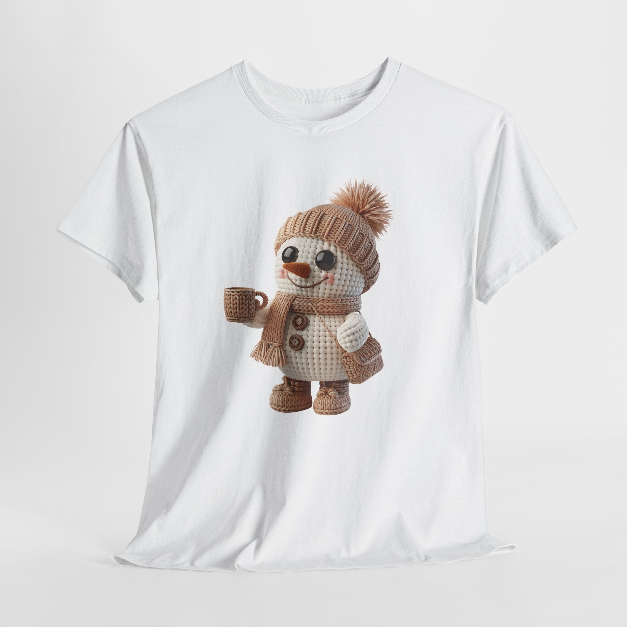 Cozy Snowman Tee — Smiling Snowman with Mug, Scarf & Beanie. Unisex Cotton Tee