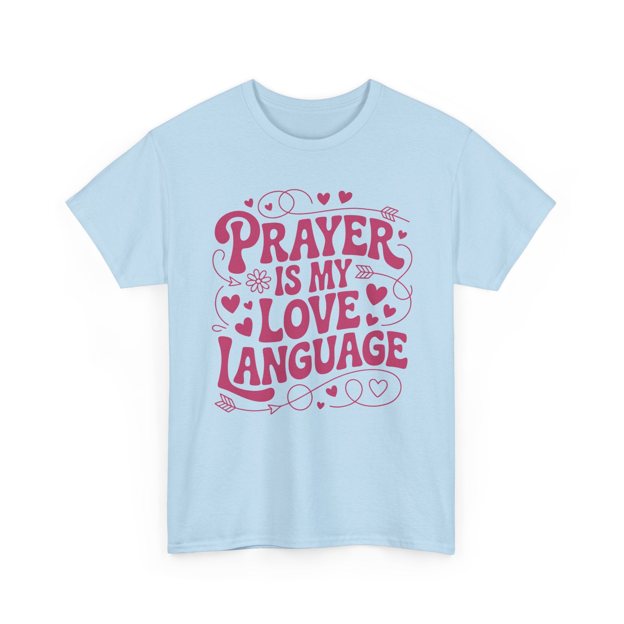 Prayer Is My Love Language Christian Tee — Pastel Pink Hearts Unisex Cotton Tee