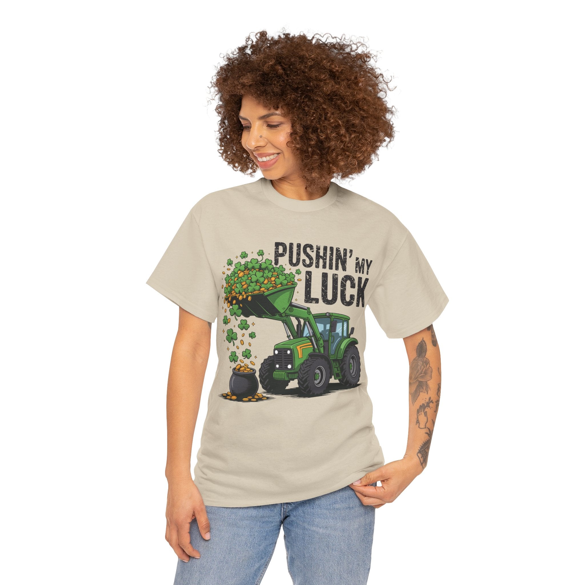 Pushin' My Luck Shamrock Tractor Tee — St. Patrick's Day Unisex Cotton T-Shirt