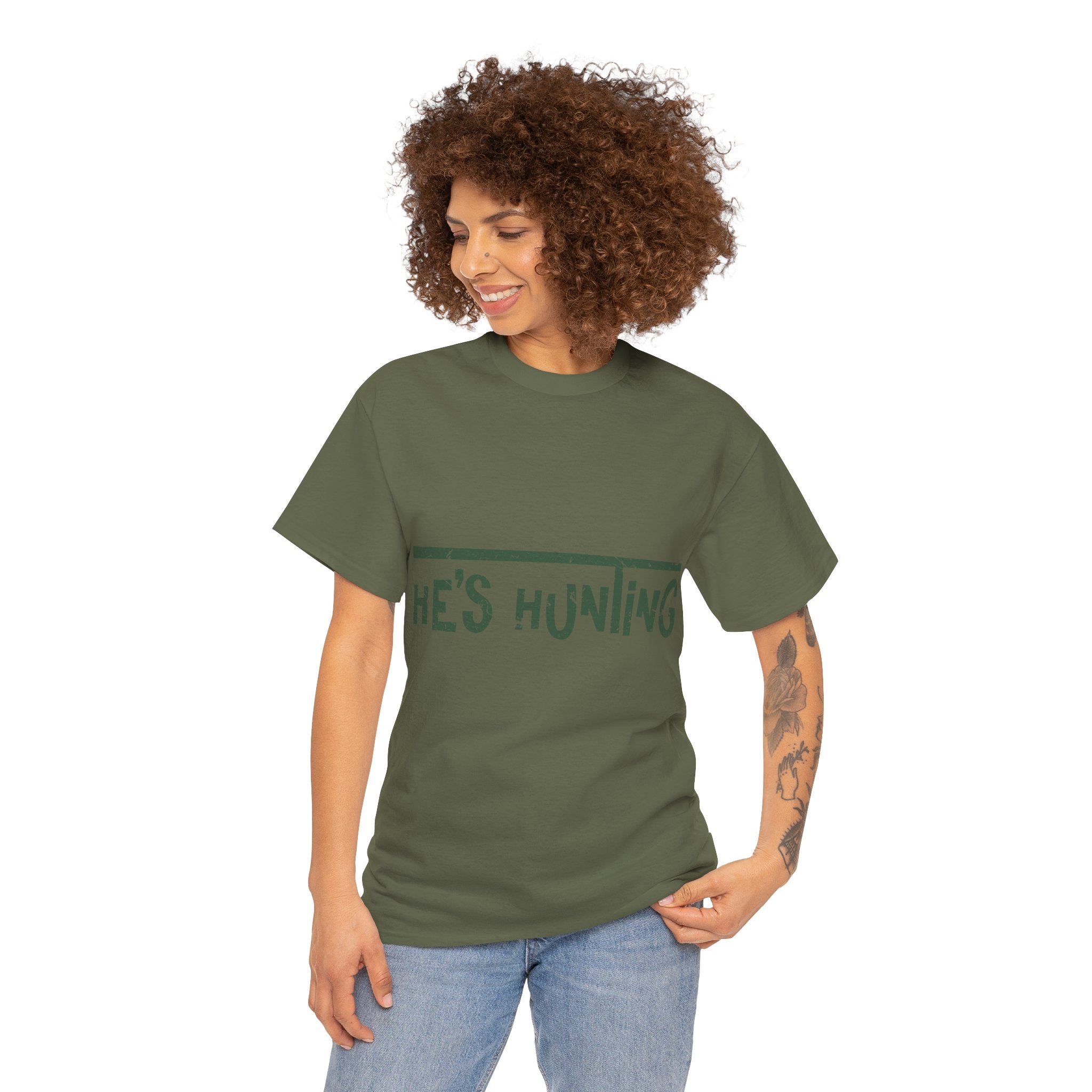 He’s Hunting Distressed Tee — Minimalist Tan Hunting Unisex Cotton Tshirt