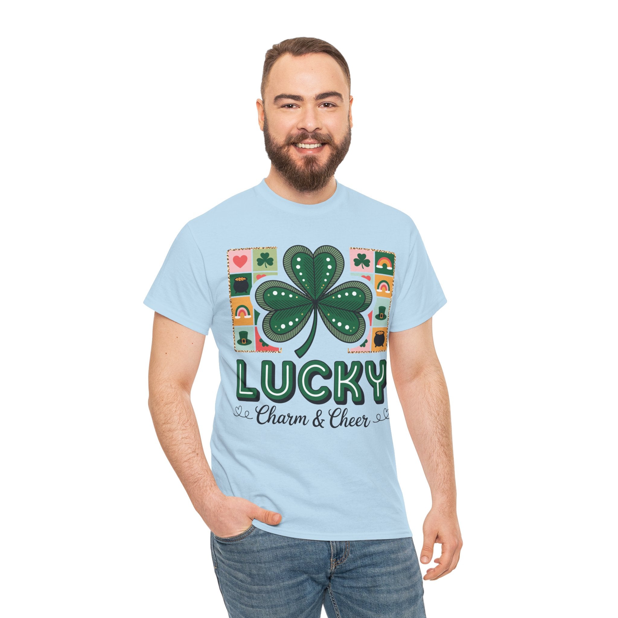 Lucky Charm & Cheer Clover Tee — Patchwork St. Patrick’s Day Unisex Cotton T-Shirt
