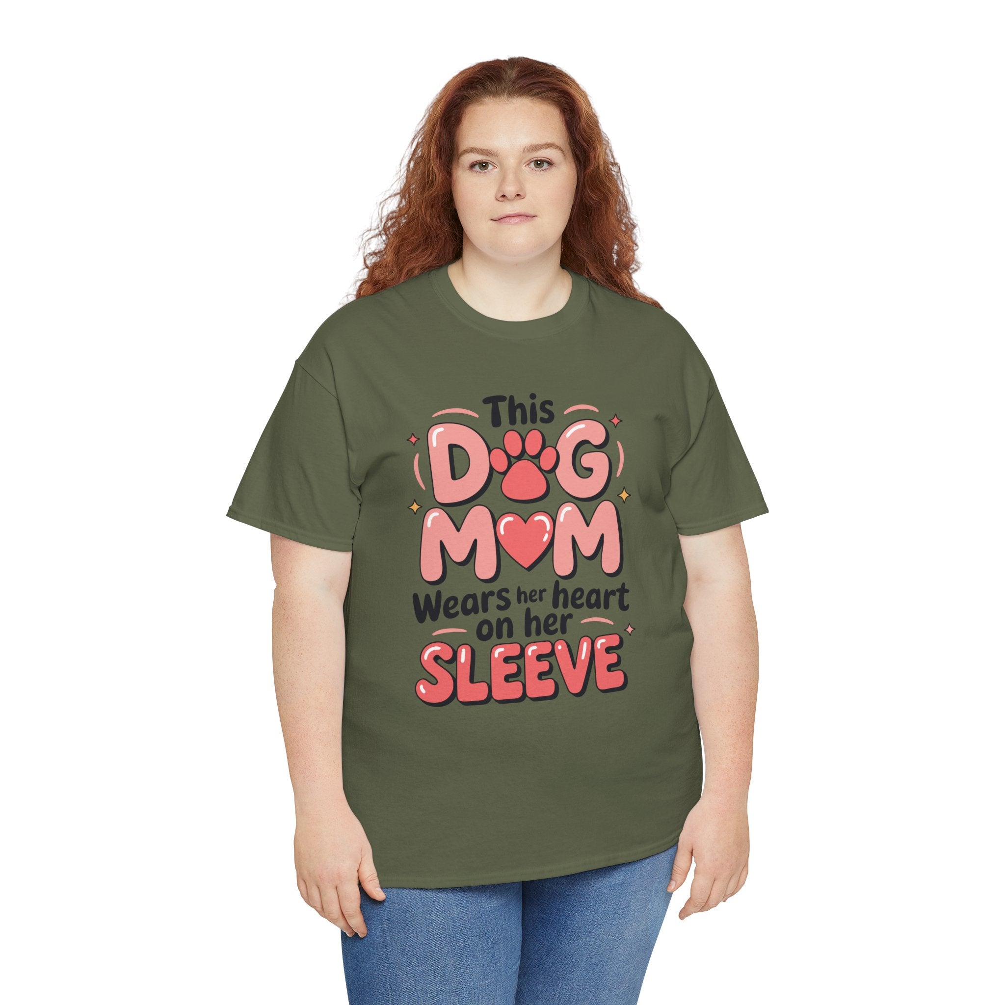 Dog Mom T-Shirt — "This Dog Mom Wears Her Heart on Her Sleeve" Paw & Heart Unisex Cotton Tee