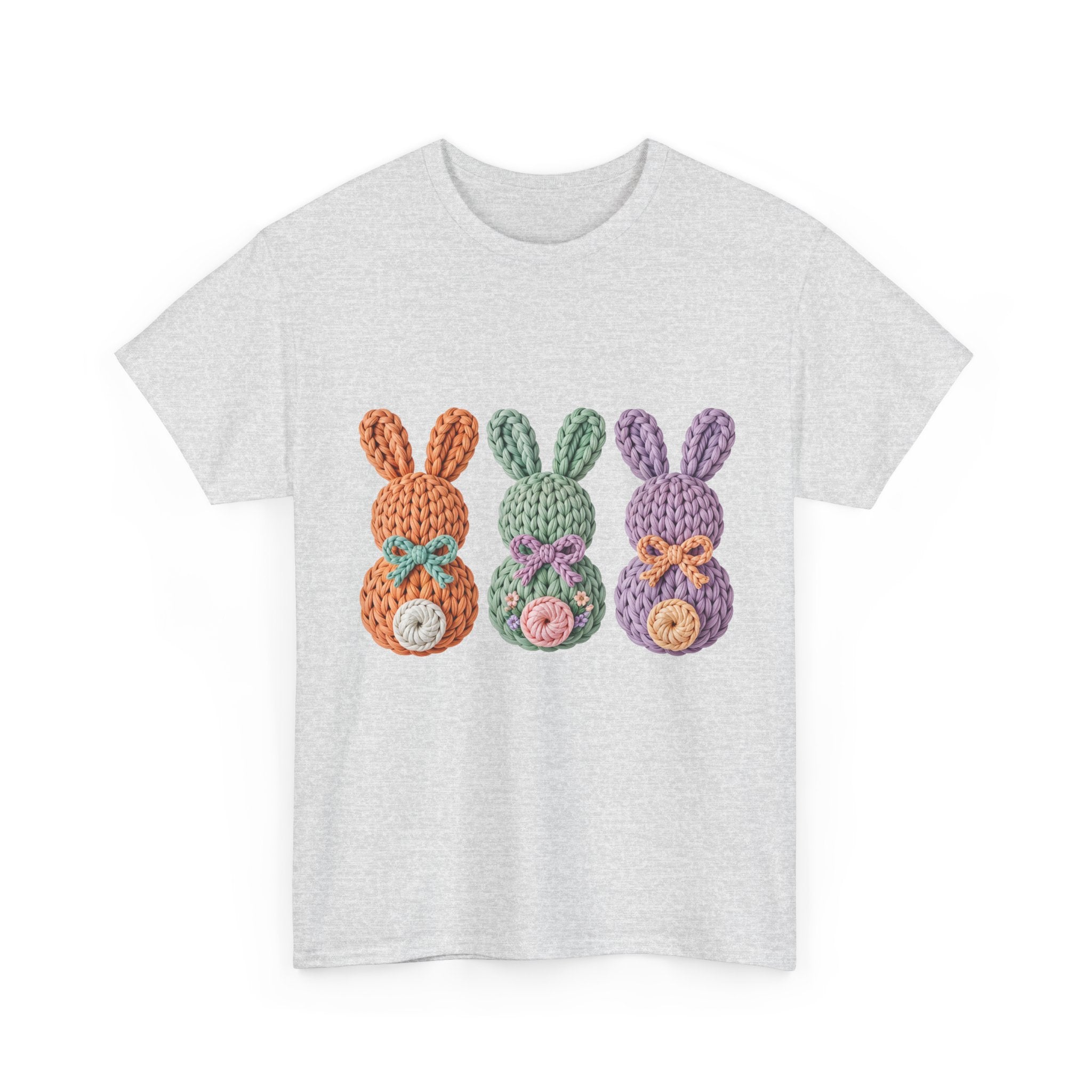Pastel Crochet Bunny Tee — Trio of Faux Knit Bunnies with Bows & Flowers Unisex Cotton Tee