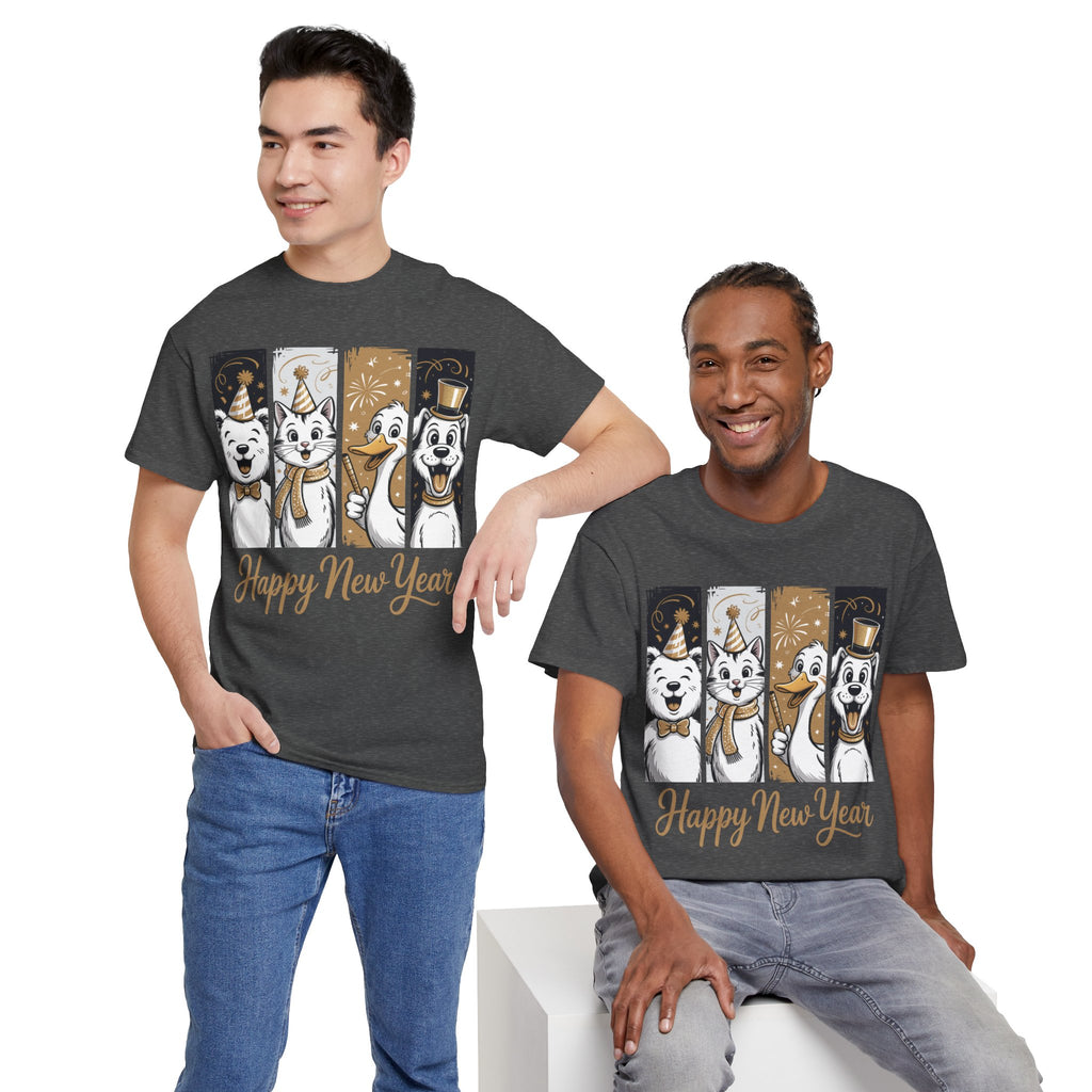 Happy New Year Party Animals T-Shirt — Cute Smiling Animals in Party Hats & Gold Fireworks..Unisex Cotton Tee