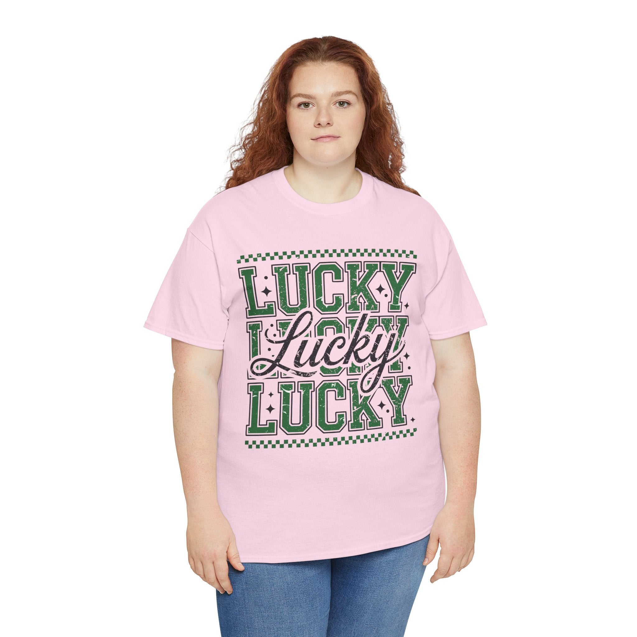 Lucky Varsity Tee — Layered Green ‘Lucky’ Graphic Unisex Cotton Tee