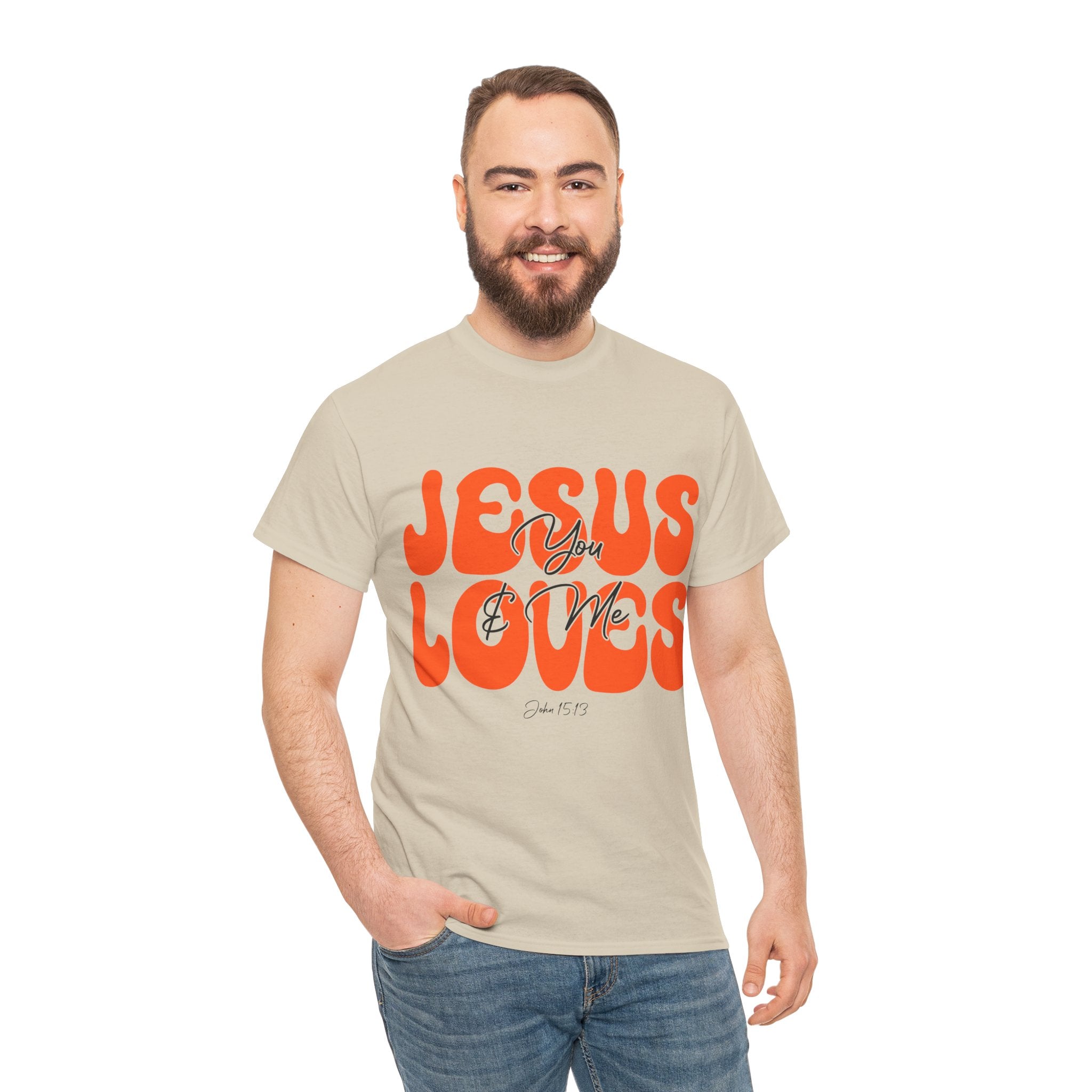 Jesus Loves You & Me Retro Tee — Playful Orange Bubbly Christian Unisex Cotton T-Shirt