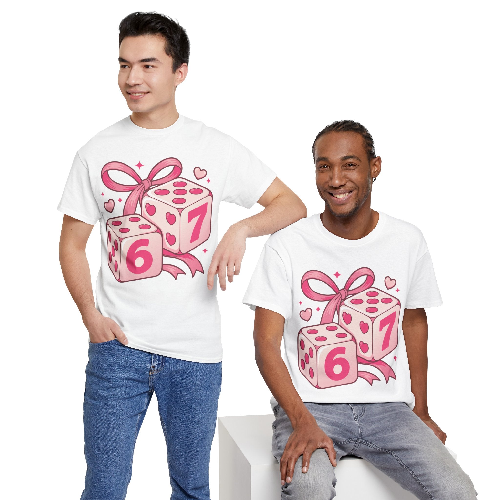 Lucky Love Dice T-Shirt — Pink Heart Dice with Bow..Unisex Cotton Tee