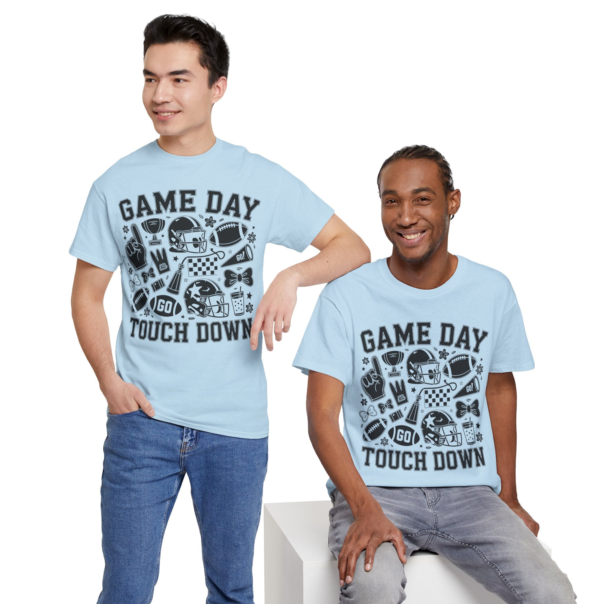 Game Day Touch Down Football T‑Shirt — Helmet & Cheer Monochrome Design Unisex Cotton Tee