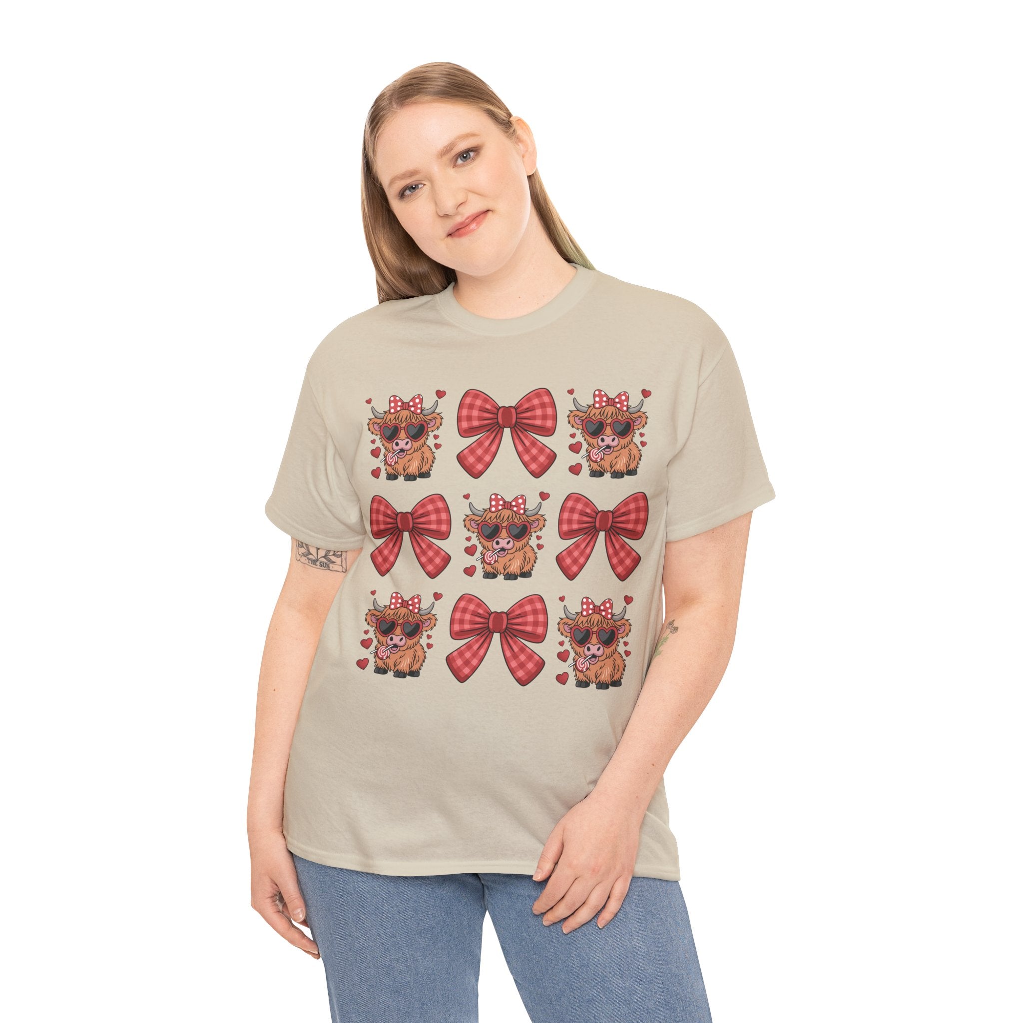 Valentine Cow Checkered Tee — Fluffy Cows with Heart Sunglasses & Red Bows..Unisex Cotton Tee