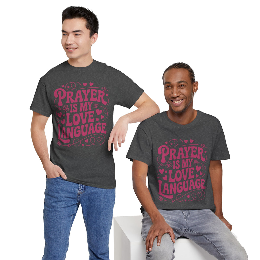 Prayer Is My Love Language Christian Tee — Pastel Pink Hearts Unisex Cotton Tee