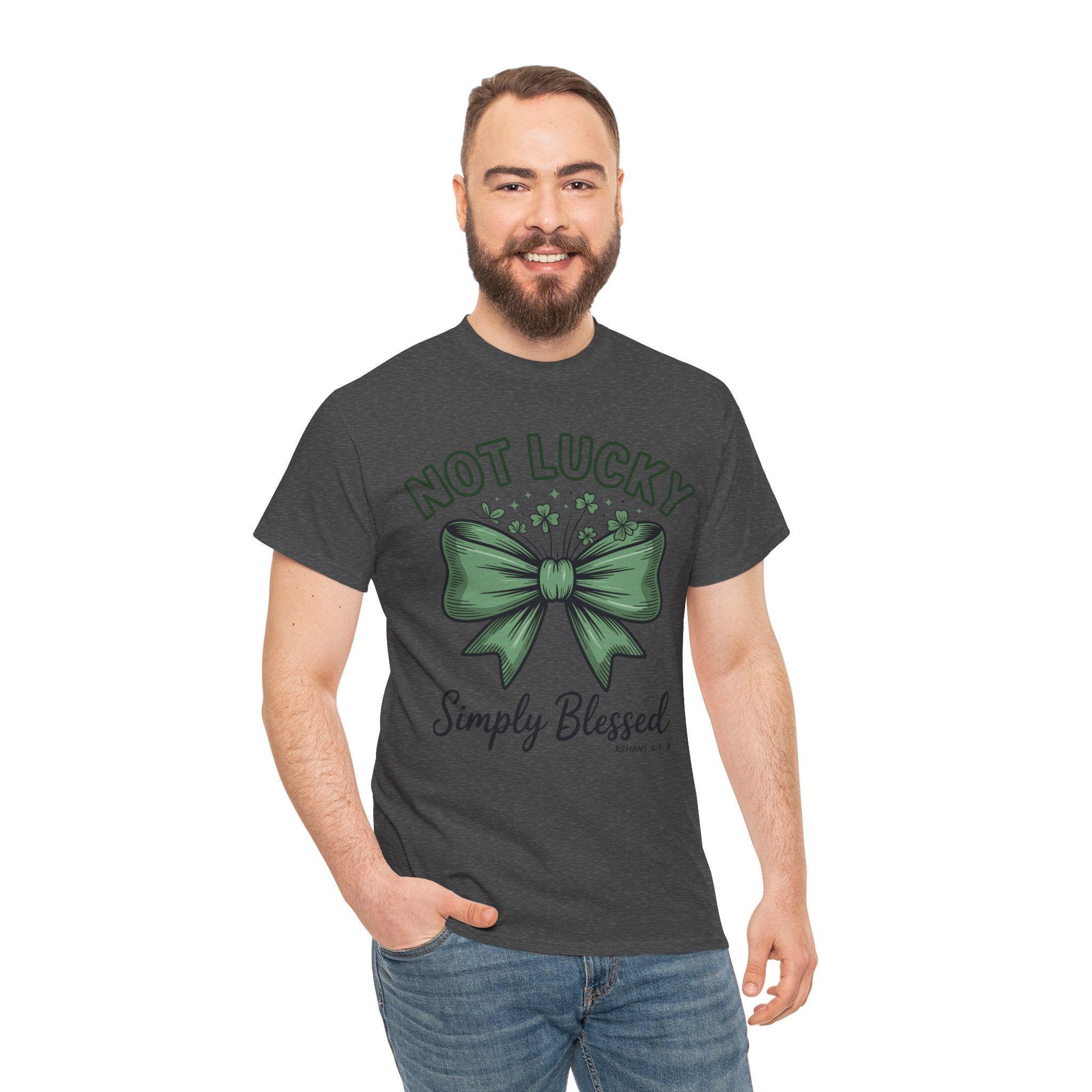 Not Lucky, Simply Blessed T-Shirt — Green Bow & Clovers St. Patrick’s Unisex Cotton Tee