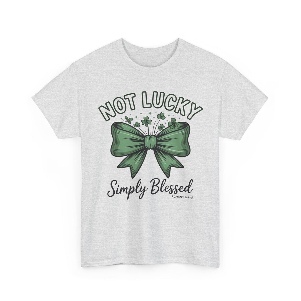 Not Lucky, Simply Blessed T-Shirt — Green Bow & Clovers St. Patrick’s Unisex Cotton Tee