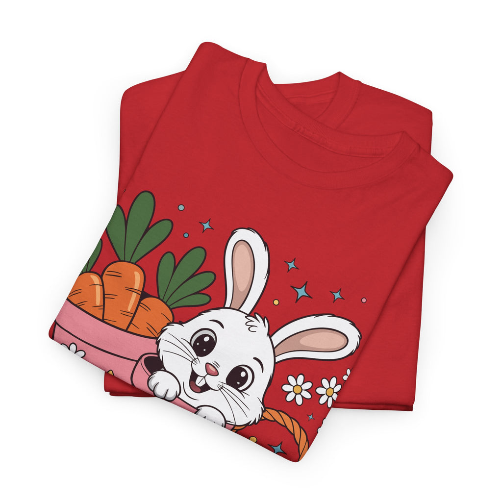 Easter Bunny in Pink Rain Boots T-Shirt — Cartoon Bunny, Carrots & Colorful Eggs Unisex Cotton Tee