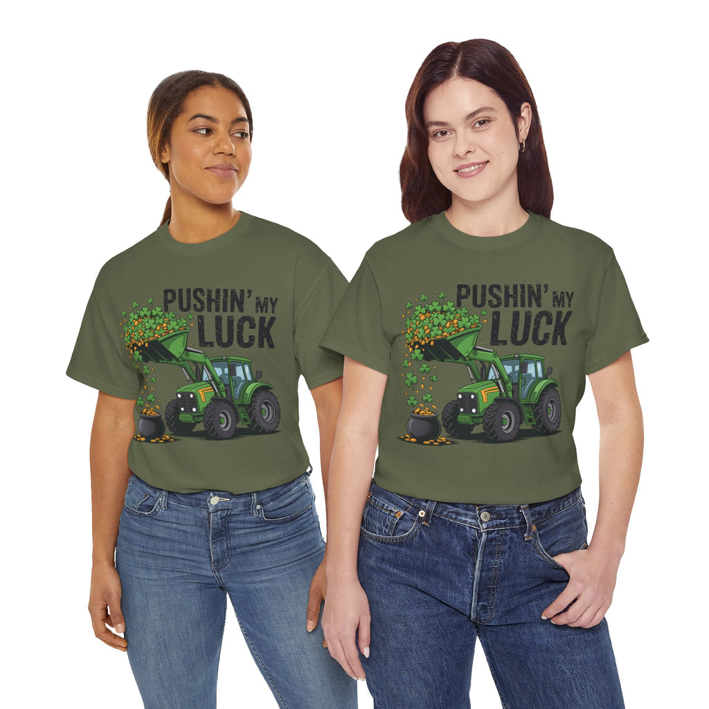 Pushin' My Luck Shamrock Tractor Tee — St. Patrick's Day Unisex Cotton T-Shirt