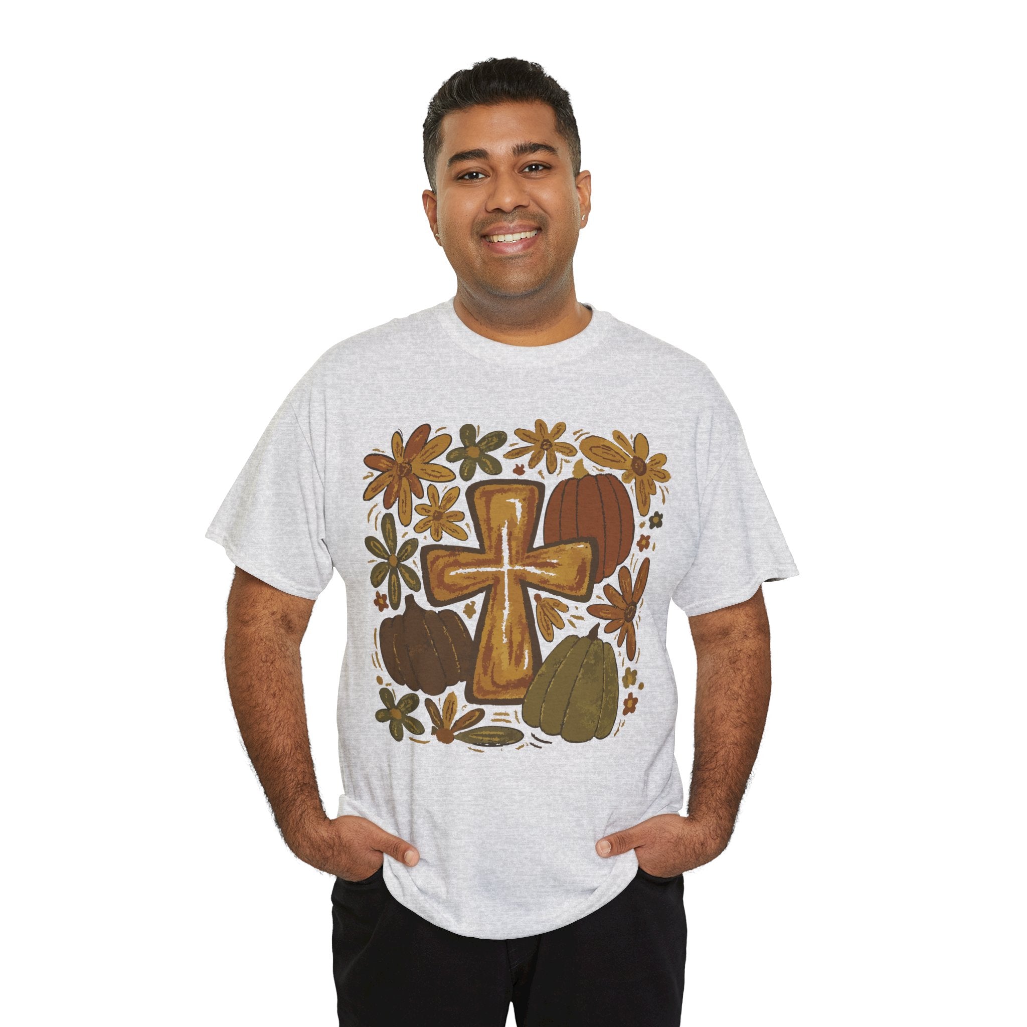 Autumn Cross Tee — Rustic Pumpkin & Fall Floral Christian Unisaex Cotton T-Shirt