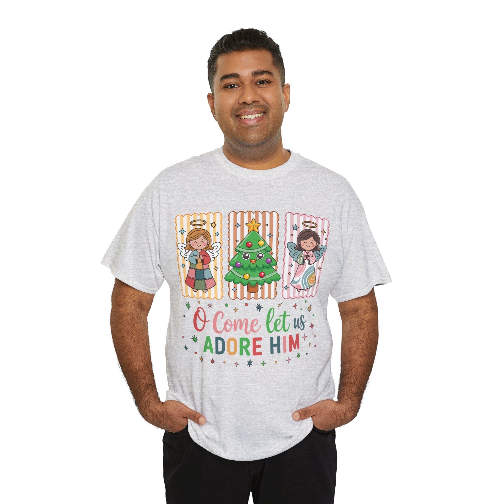 O Come Let Us Adore Him Christmas Tee — Smiling Angels & Happy Tree..Unisex Cotton Tee