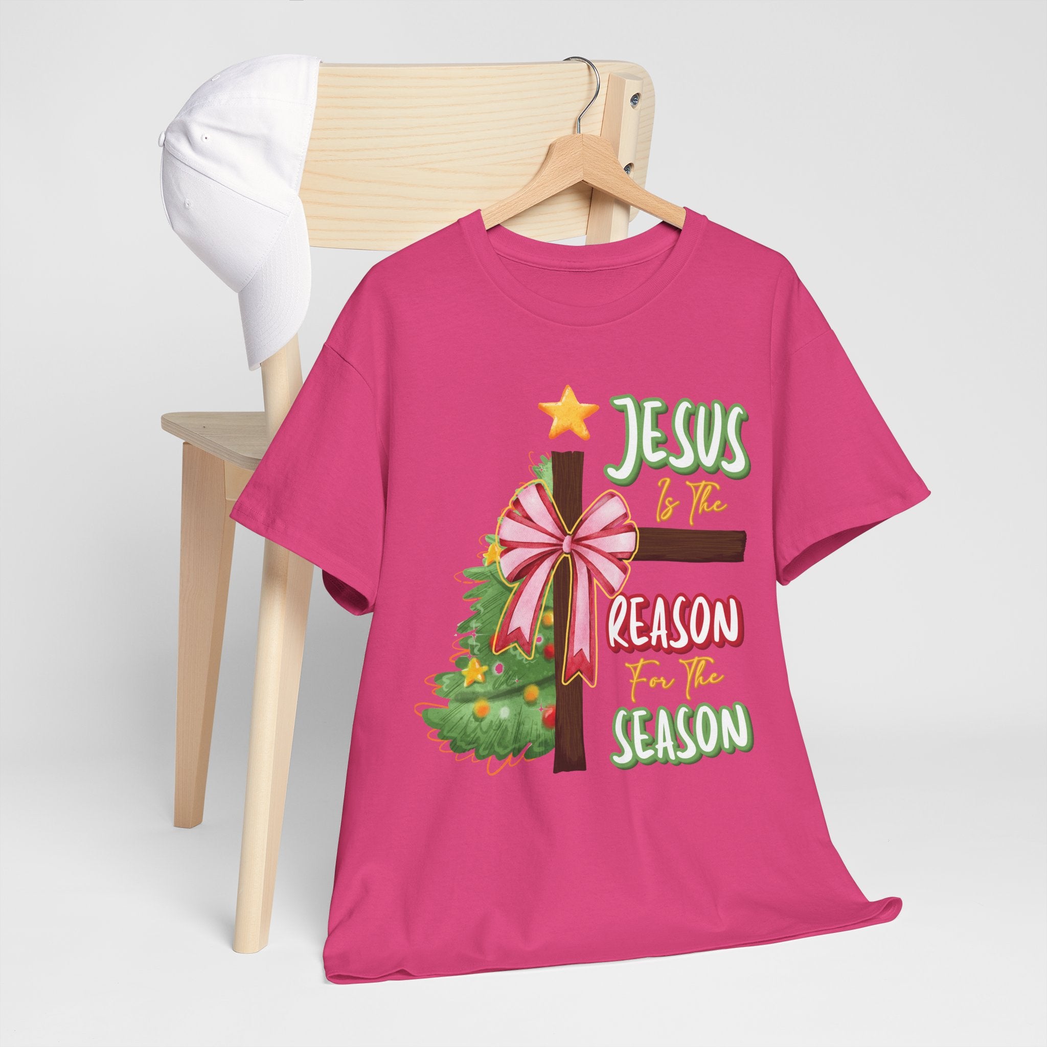 Jesus Is the Reason for the Season Christmas Tee — Cross with Pink Bow & Tree. Unisex Cotton Tee