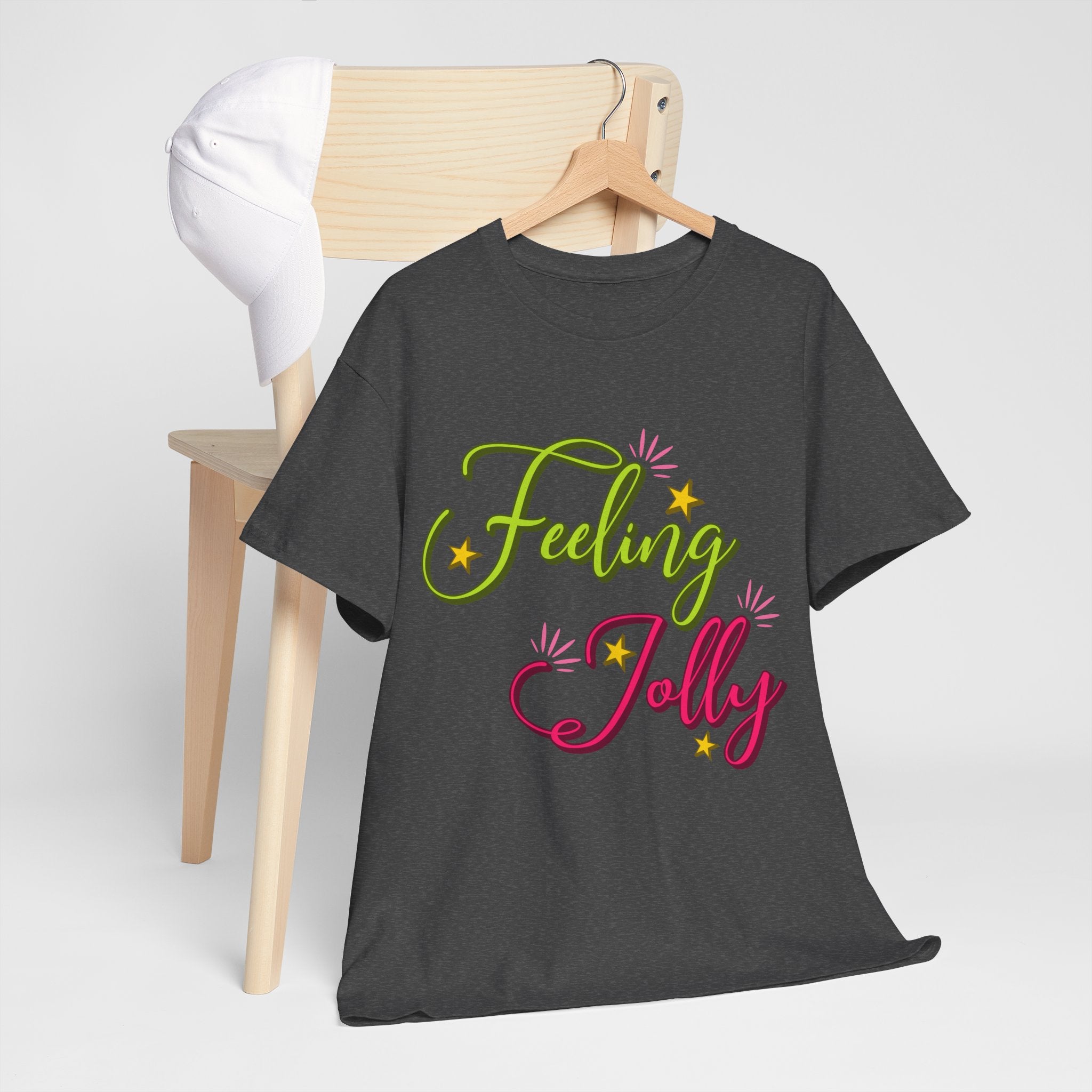 Feeling Jolly Tee — Festive Green & Pink Script with Yellow Stars Unisex Cotton Tee