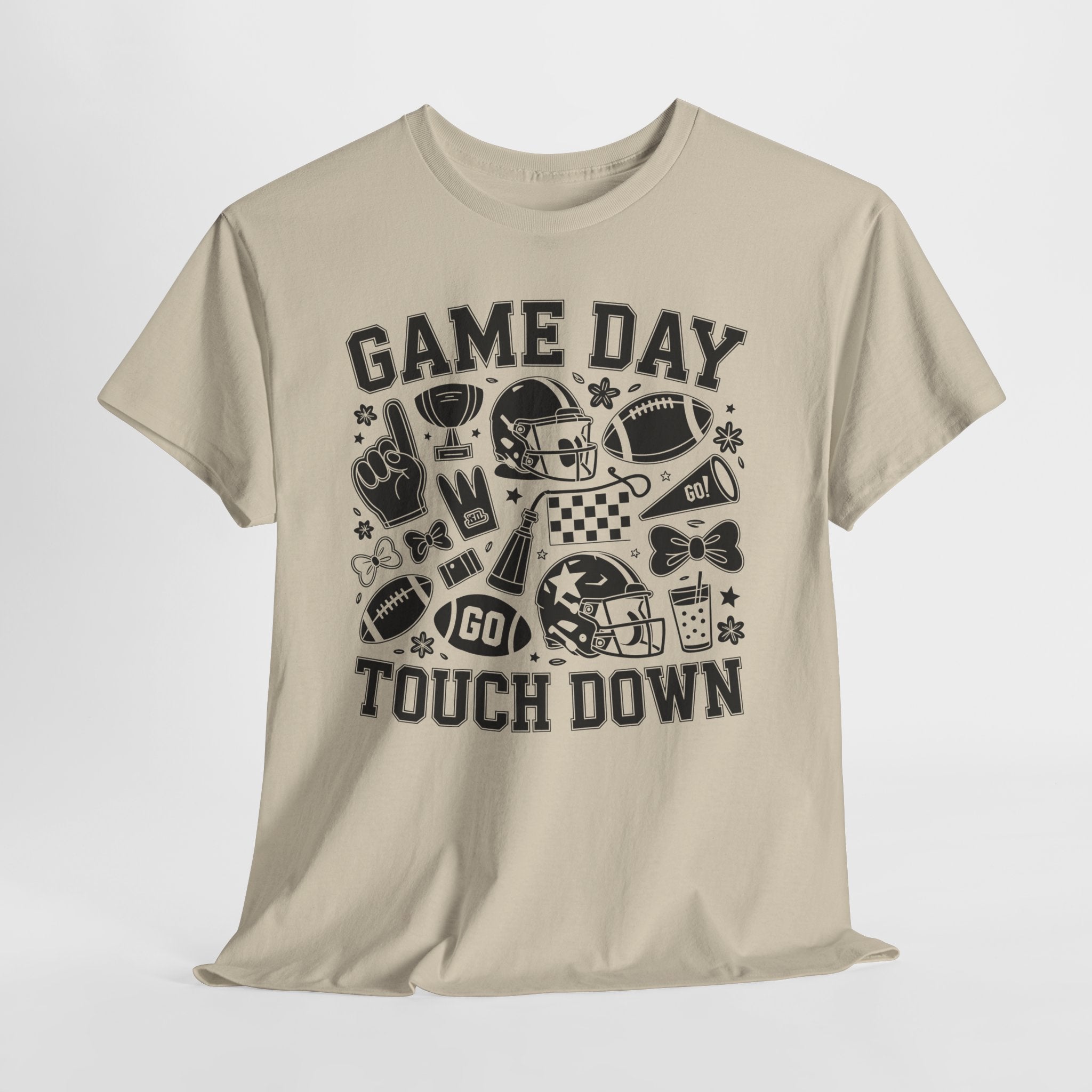 Game Day Touch Down Football T‑Shirt — Helmet & Cheer Monochrome Design Unisex Cotton Tee