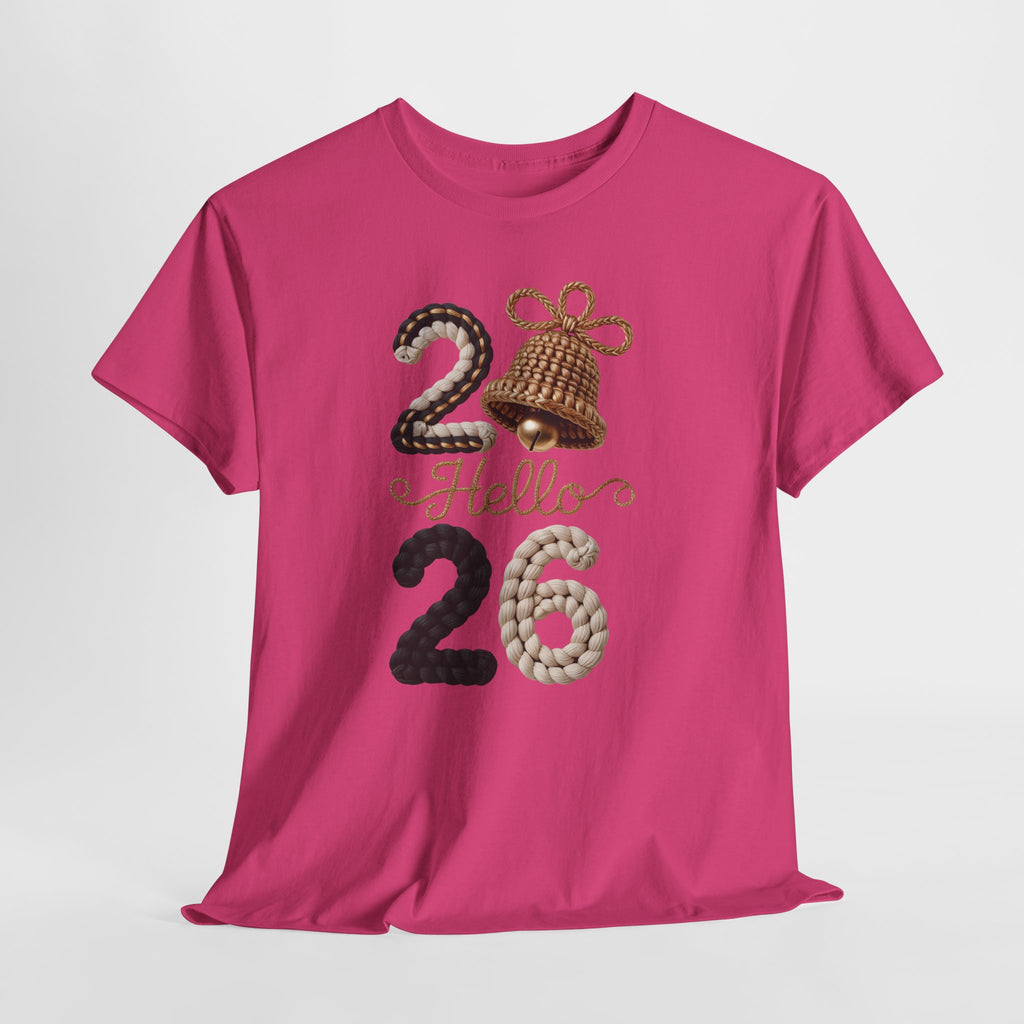 Hello 2026 Tee — Cozy Faux Yarn Braided Numbers with Woven Golden Bell..Unisex Cotton Tee