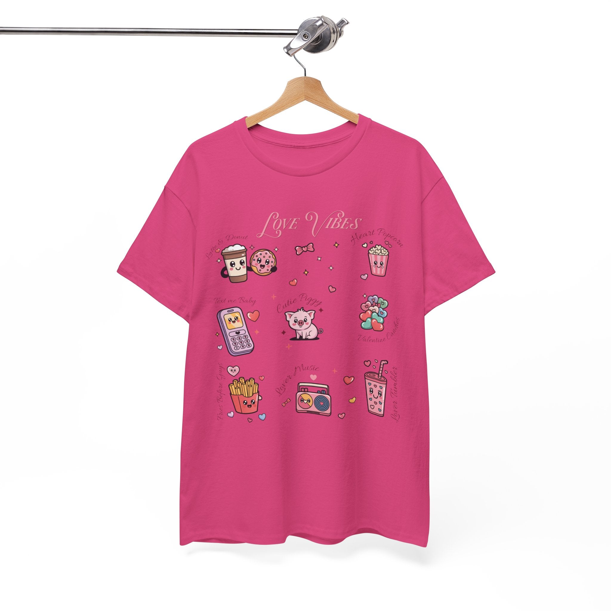 Love Vibes Kawaii Valentine T-Shirt — Cute Donut, Coffee & Piglet Design Unisex Cotton Tee