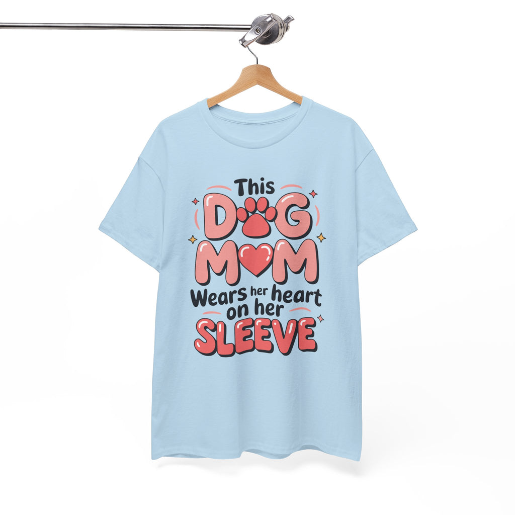 Dog Mom T-Shirt — "This Dog Mom Wears Her Heart on Her Sleeve" Paw & Heart Unisex Cotton Tee