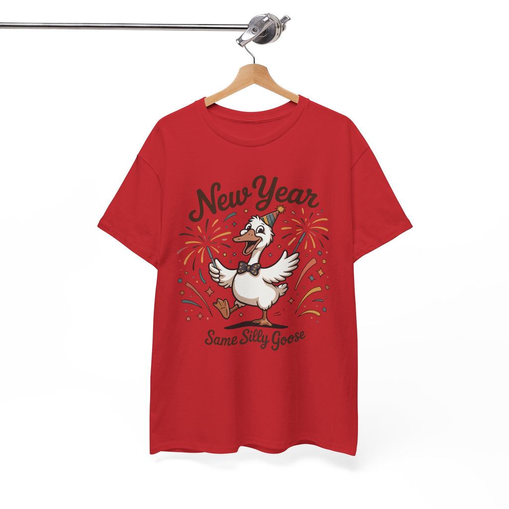 Happy Goose New Year T-Shirt — Party Hat, Fireworks & Confetti Unisex Cotton Tee
