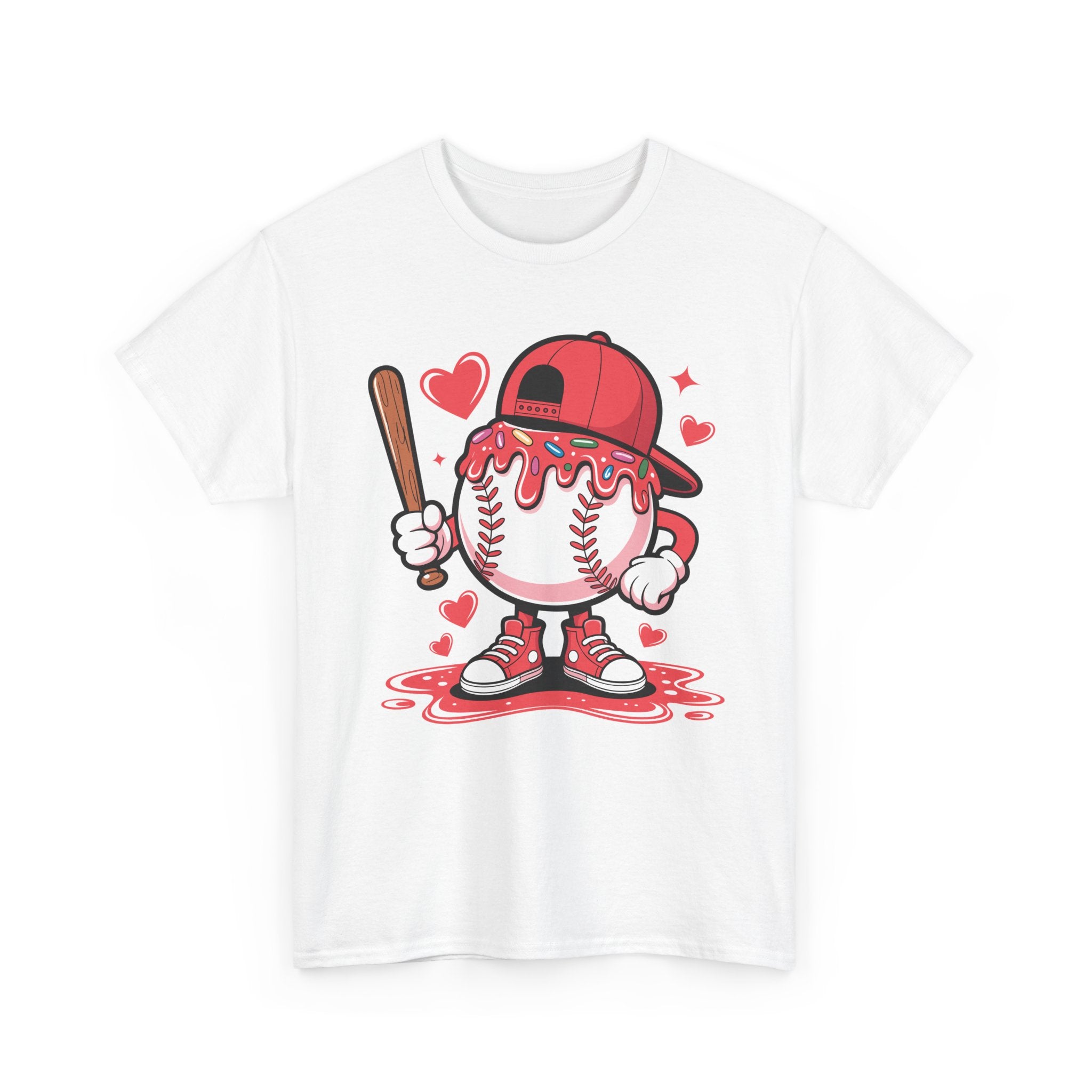 Cute Baseball Character T-Shirt — Red Cap & Icing Top Graphic with Hearts Unisex Cotton Tee