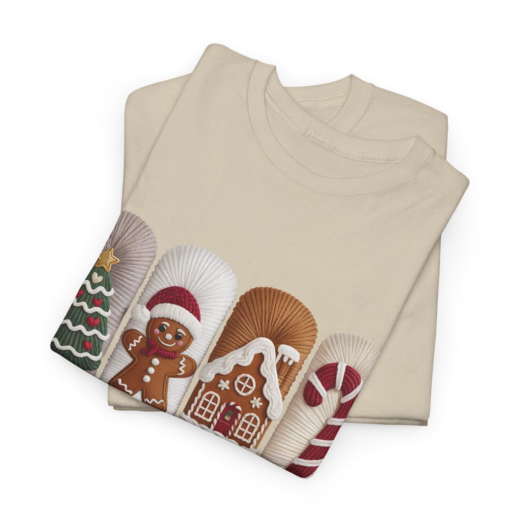 Christmas Faux-Yarn Tree Tee — Gingerbread House & Candy Cane Holiday Unisex Cotton T-Shirt