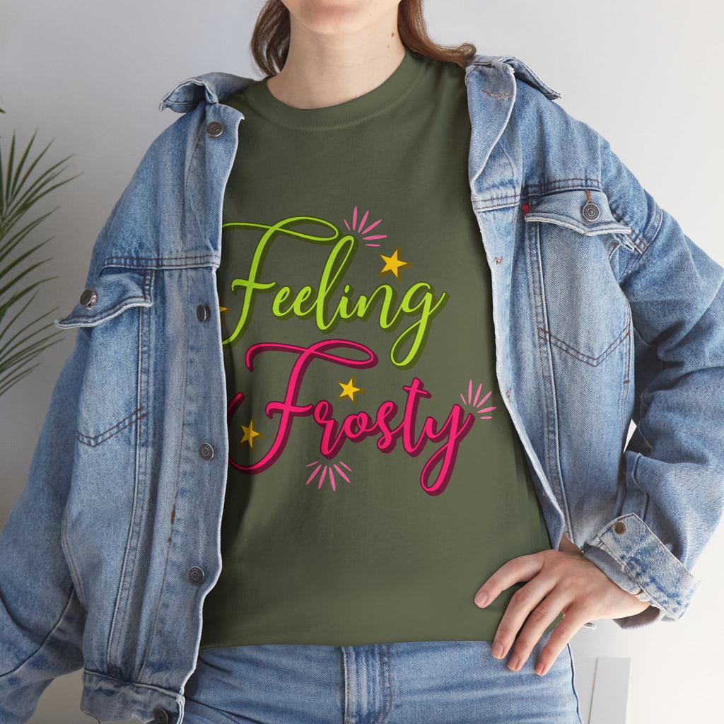 Feeling Frosty Holiday T-Shirt — Green & Pink Script Stars.Unisex Cotton Tee