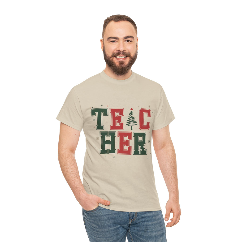 Teacher Christmas Varsity T-Shirt — Red & Green Holiday Unisex Cotton Tee