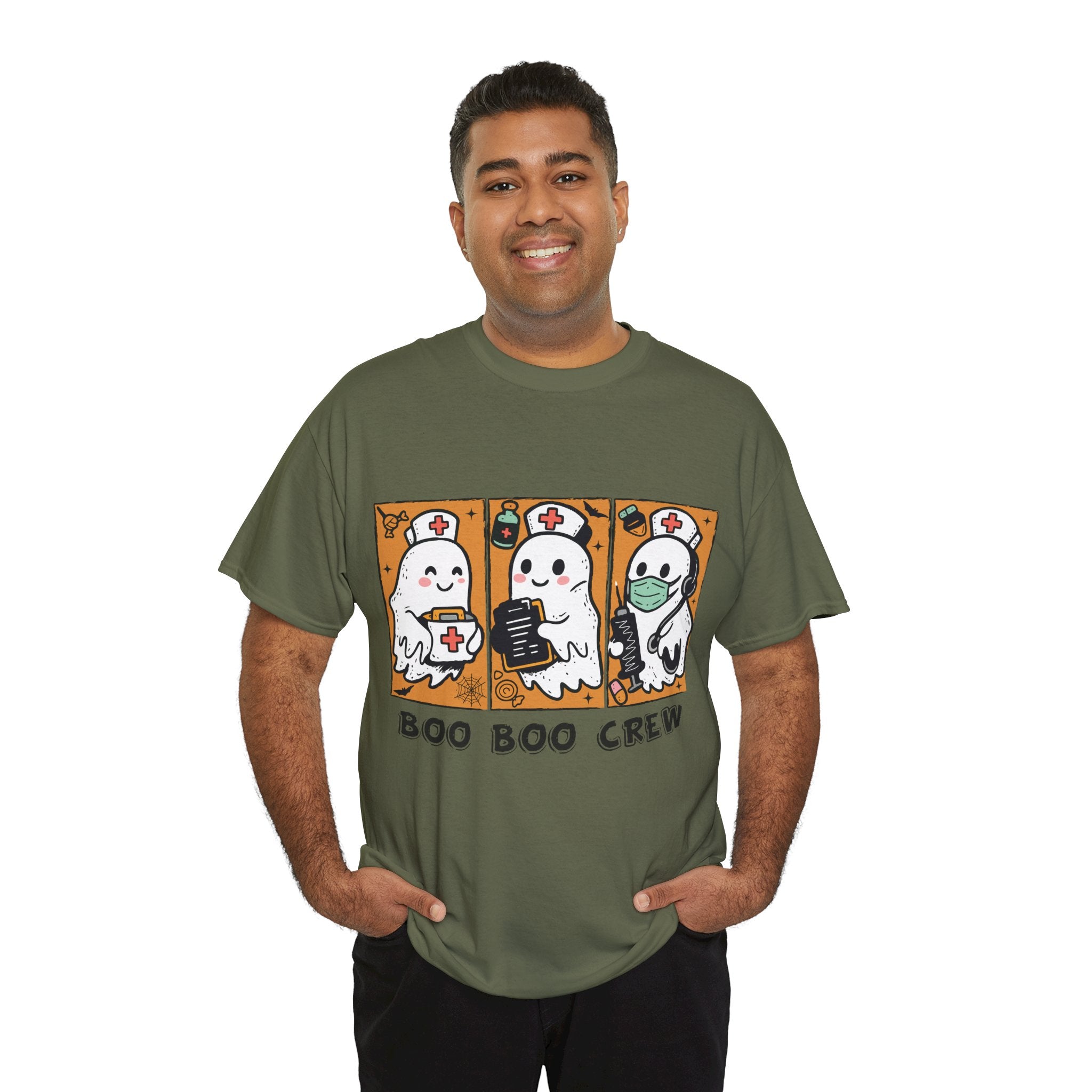 Halloween Nurse T-Shirt — Ghost Nurses Holding Medical Tools on Orange Unisec Cotton Tee