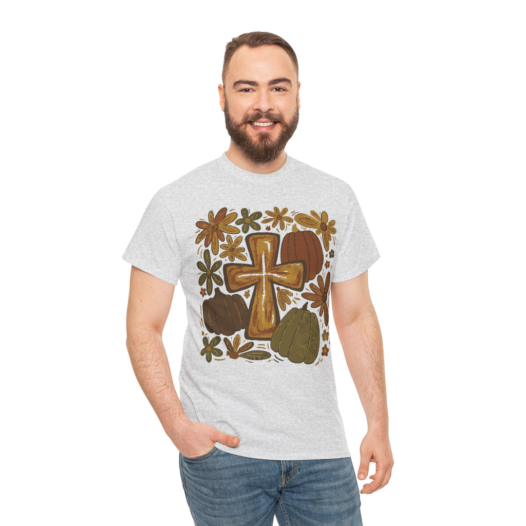 Autumn Cross Tee — Rustic Pumpkin & Fall Floral Christian Unisaex Cotton T-Shirt