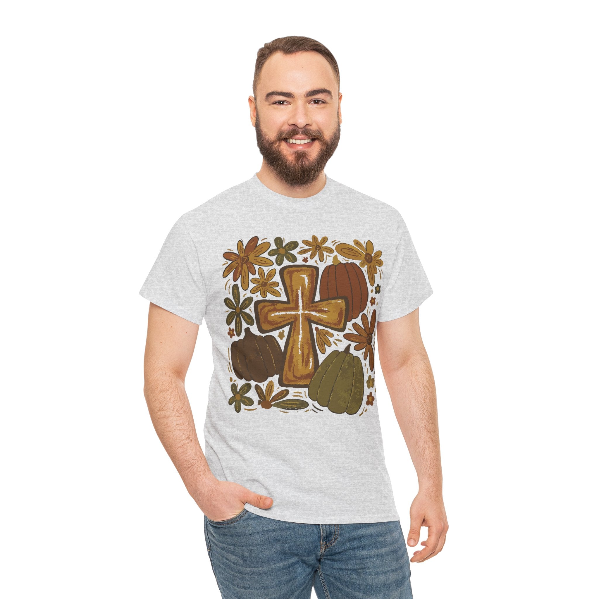 Autumn Cross Tee — Rustic Pumpkin & Fall Floral Christian Unisaex Cotton T-Shirt