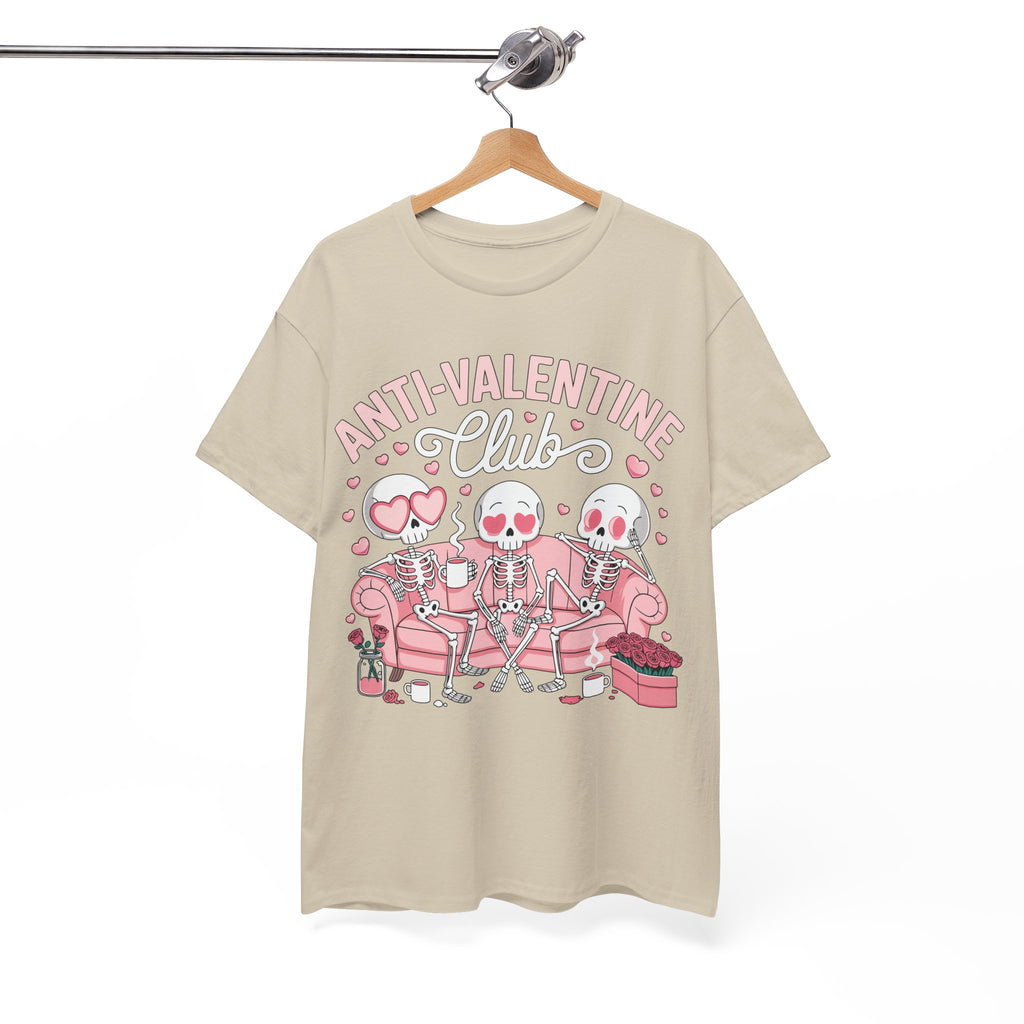 Anti-Valentine Club Skeleton Tee — Anti-Romance Pink Couch Graphic Unisex Cotton T-Shirt