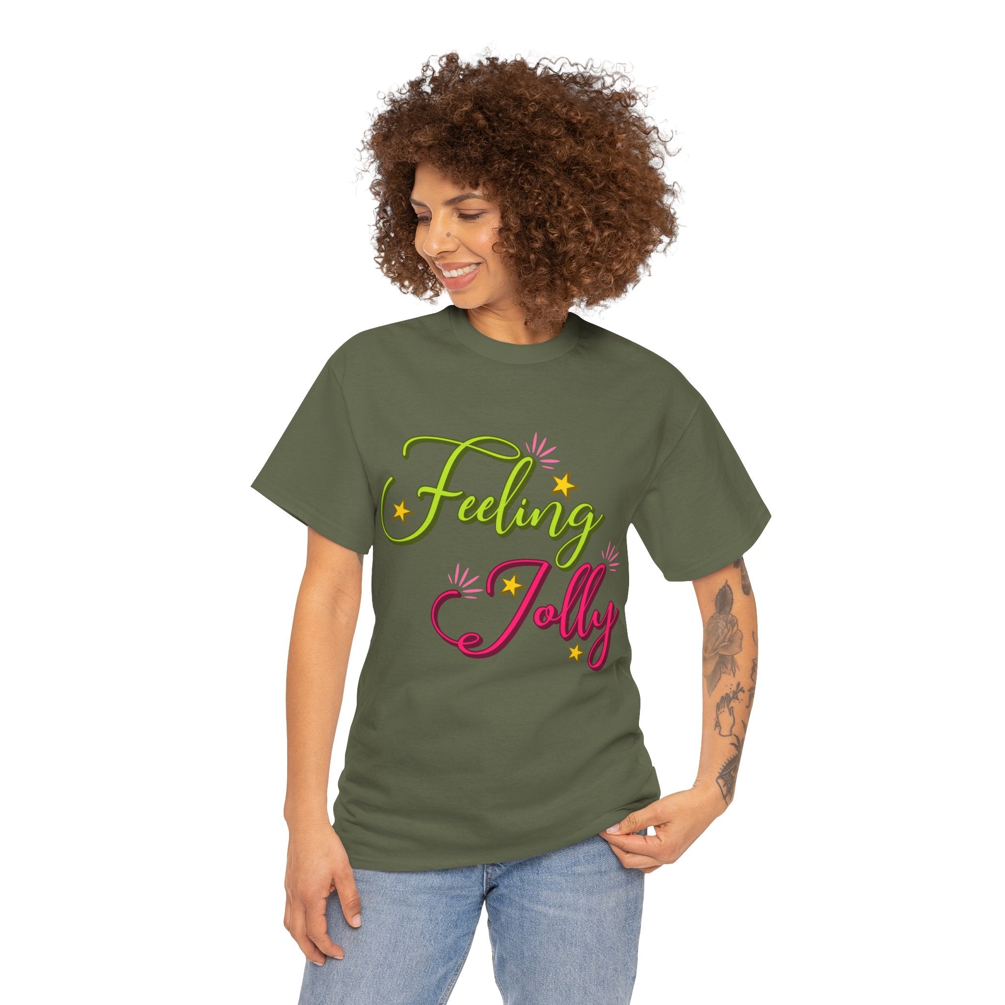 Feeling Jolly Tee — Festive Green & Pink Script with Yellow Stars Unisex Cotton Tee