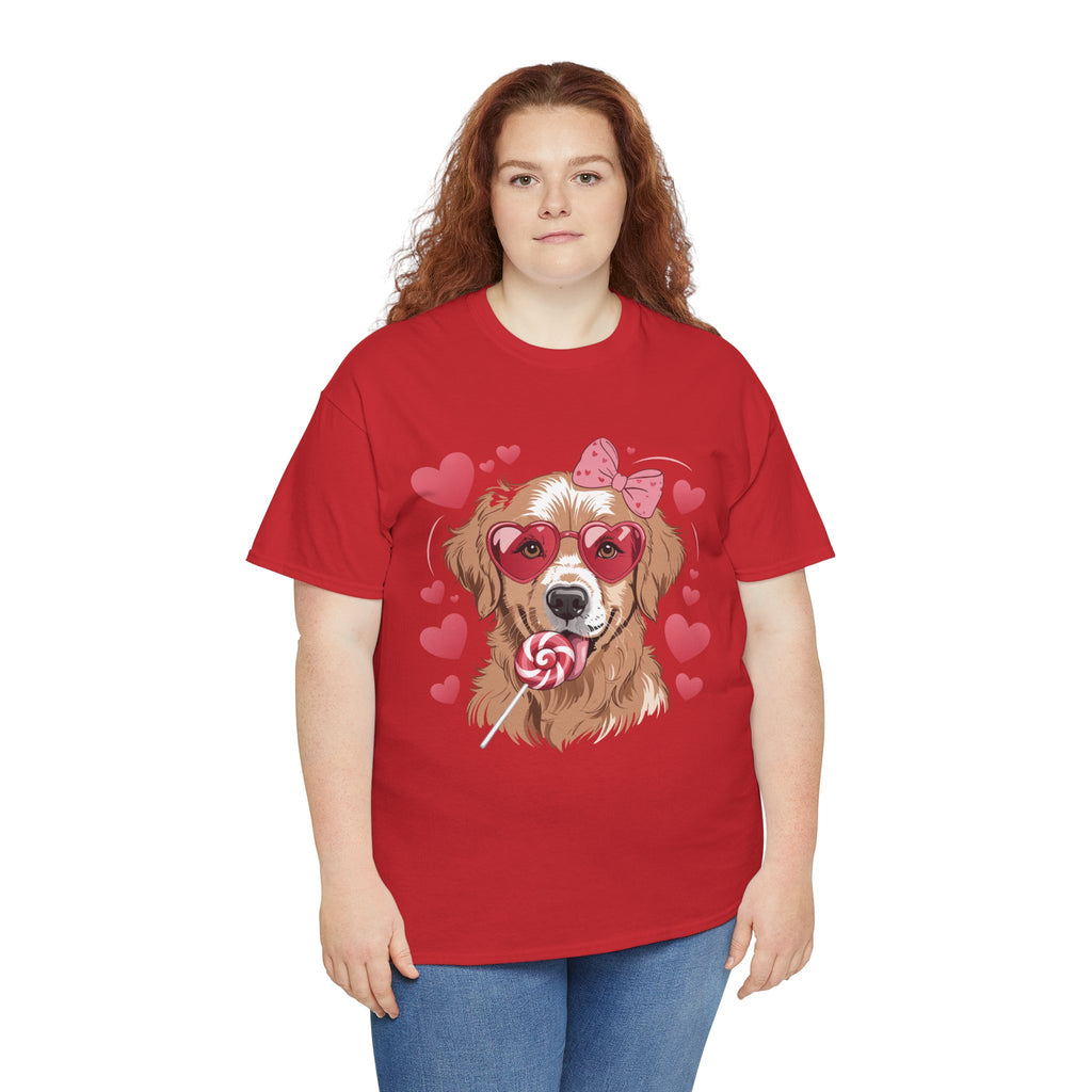 Valentine Dog T-Shirt — Cute Pup with Heart Glasses, Pink Bow & Lollipop..Unisex Cotton Tee
