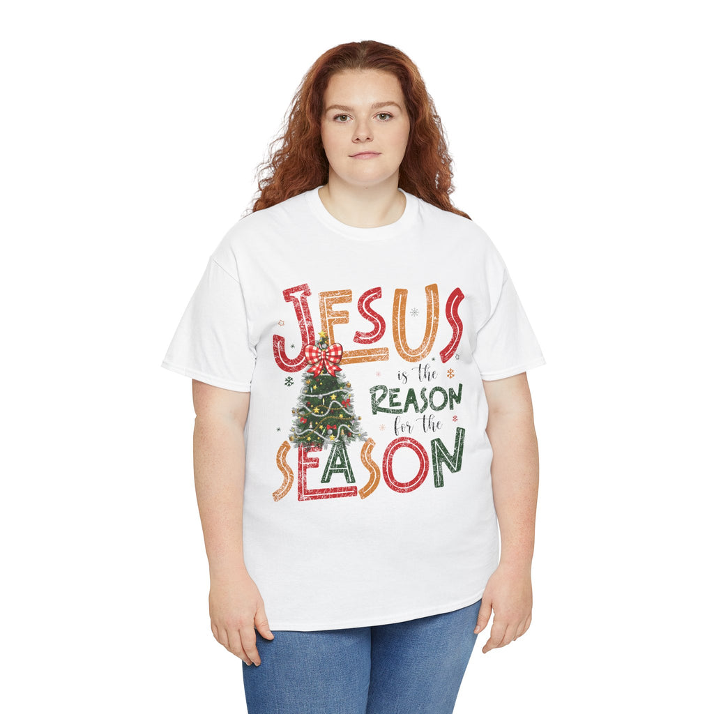 Jesus Is the Reason for the Season Christmas T-Shirt — Plaid Bow Tree..Unisex Cotton Tee