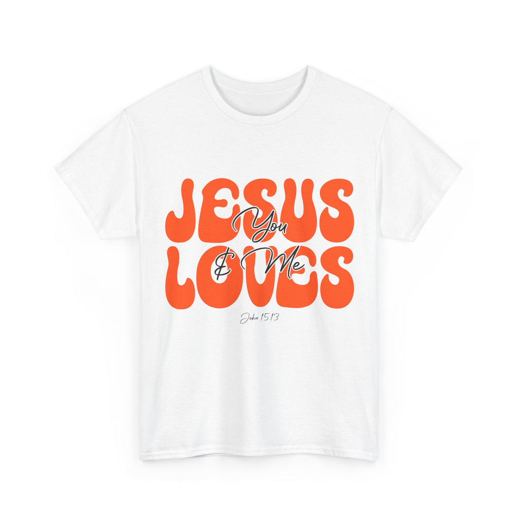 Jesus Loves You & Me Retro Tee — Playful Orange Bubbly Christian Unisex Cotton T-Shirt
